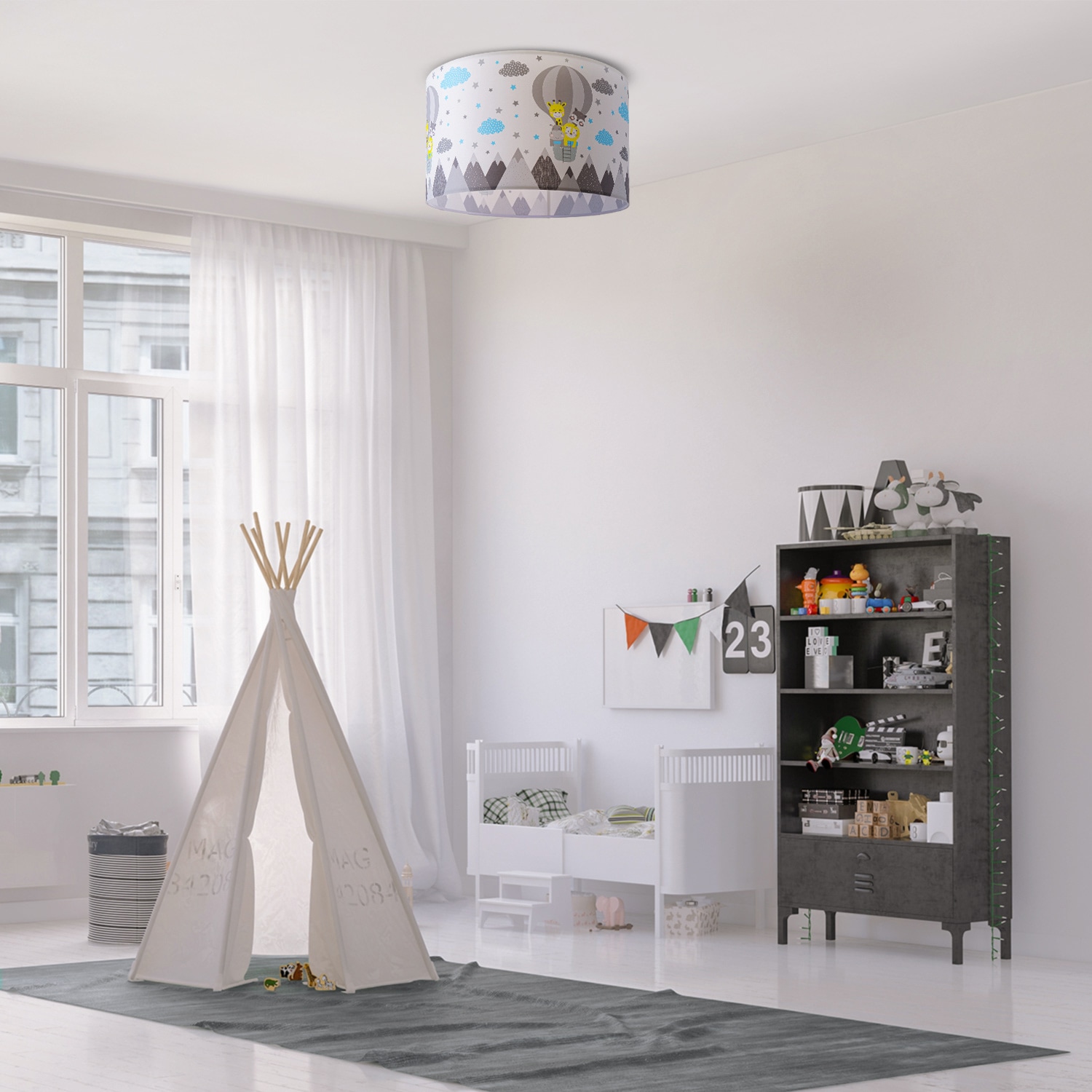 Paco Home Deckenleuchte »Cosmo 343«, 1 flammig, Leuchtmittel E27 | ohne Leuchtmittel, Lampe Kinderzimmer Deckenlampe Heißluftballon Wolken Tiere Zoo E27