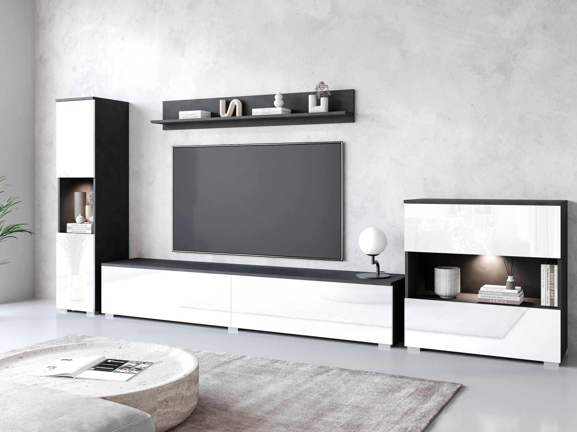 INOSIGN Wohnwand »PARIS«, (Komplett-Set, 4 St.), TV-Wand 300cm breite, grifflose Design, stehend und hängend montierbar