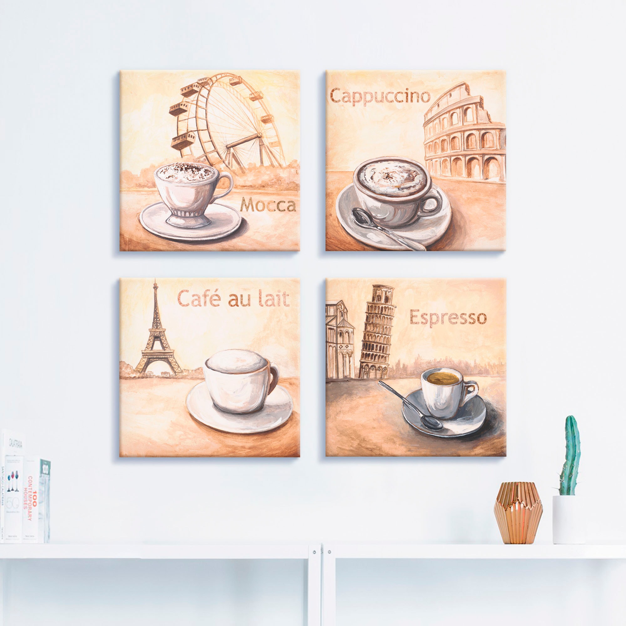 Artland Leinwandbild »Mocca Cappuccino Café au lait Espresso«, Getränke, (4 St.), 4er Set, verschiedene Größen