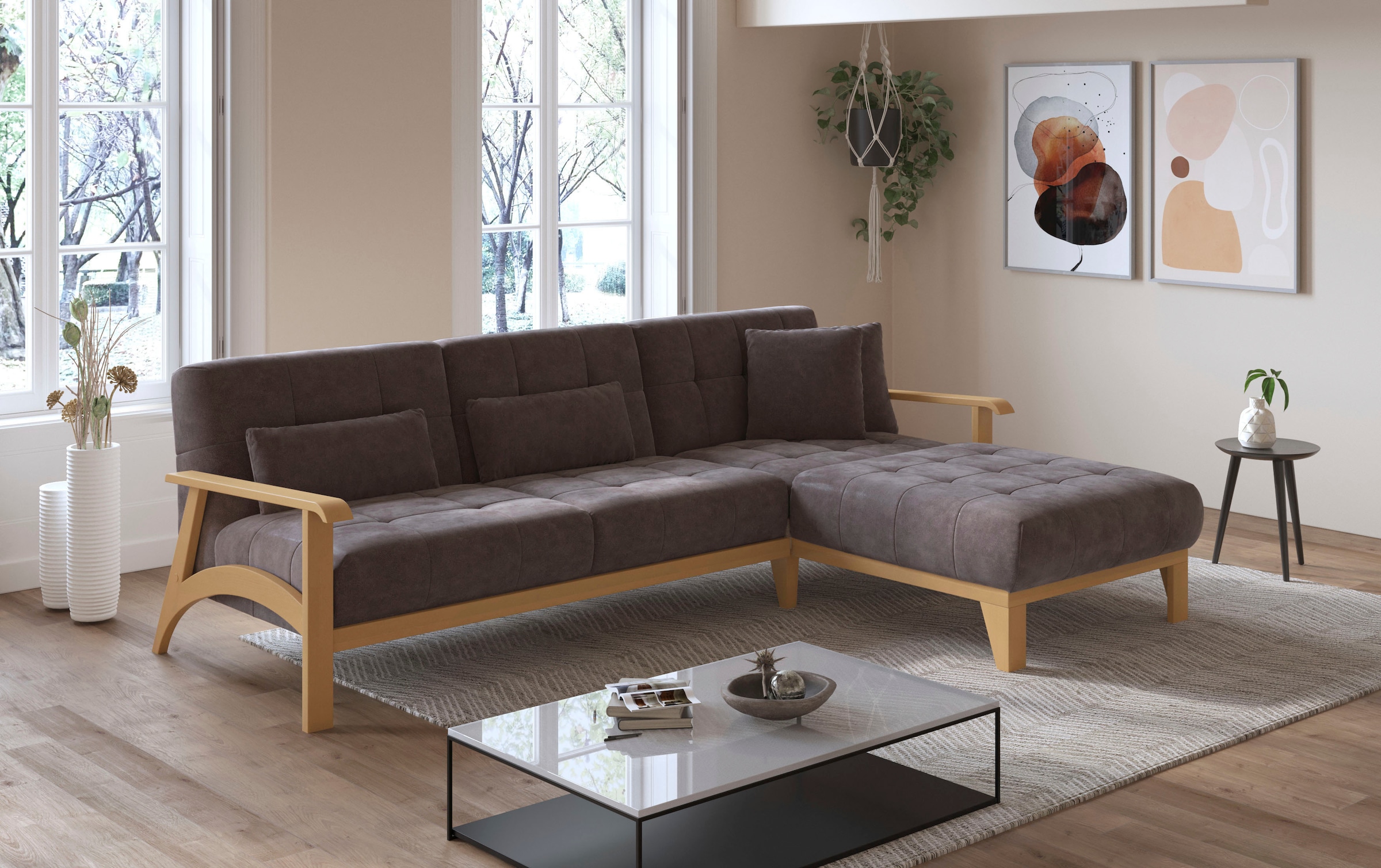 sit&more Ecksofa »Billund L-Form«, Armlehnen aus eichefarbigem Buchenholz, verschiedene Bezüge und Farben