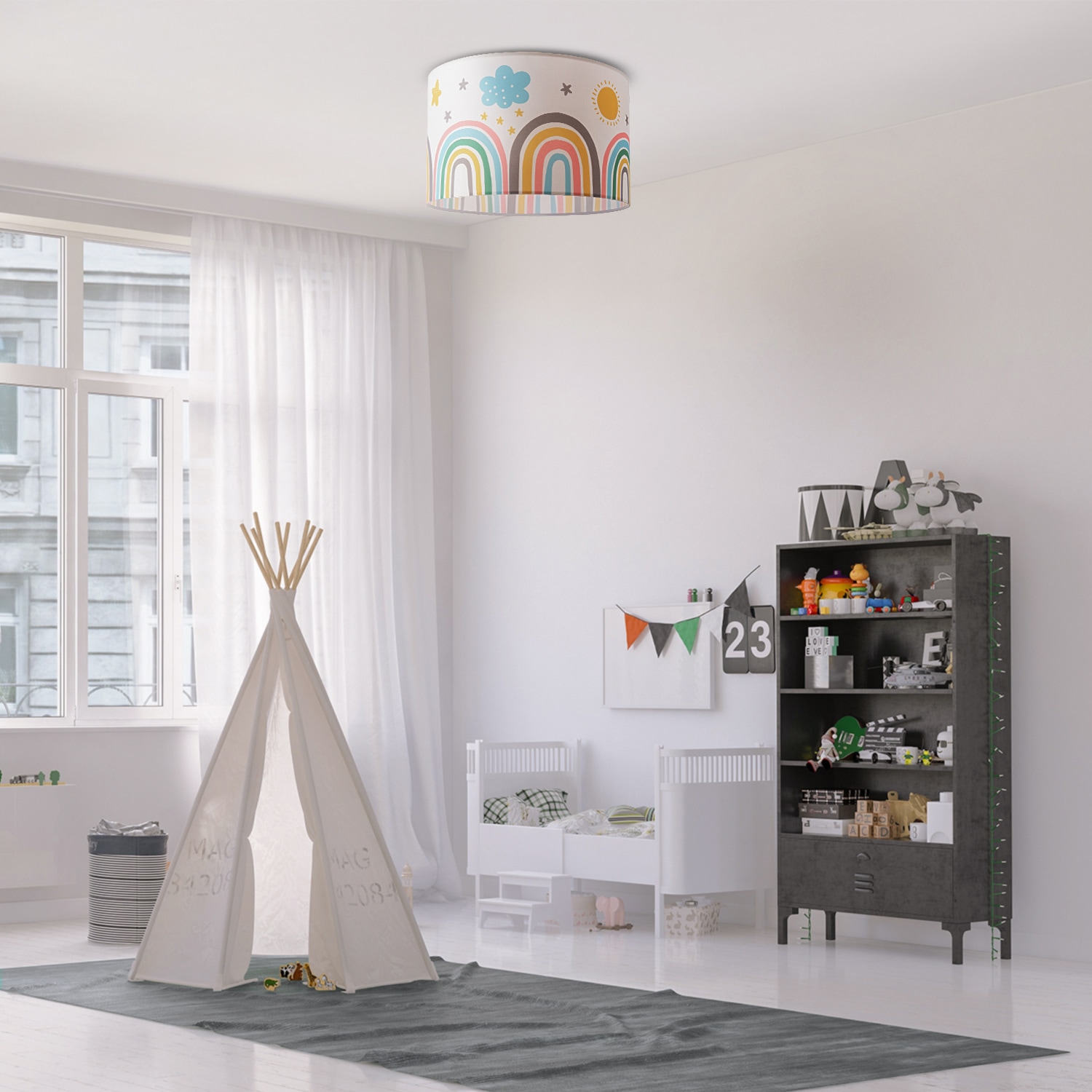 Paco Home Deckenleuchte »Tweet 462«, 1 flammig, Leuchtmittel E27 | ohne Leuchtmittel, Lampe Kinderzimmer Deckenlampe Regenbogen Sonne Wolken Sterne E27