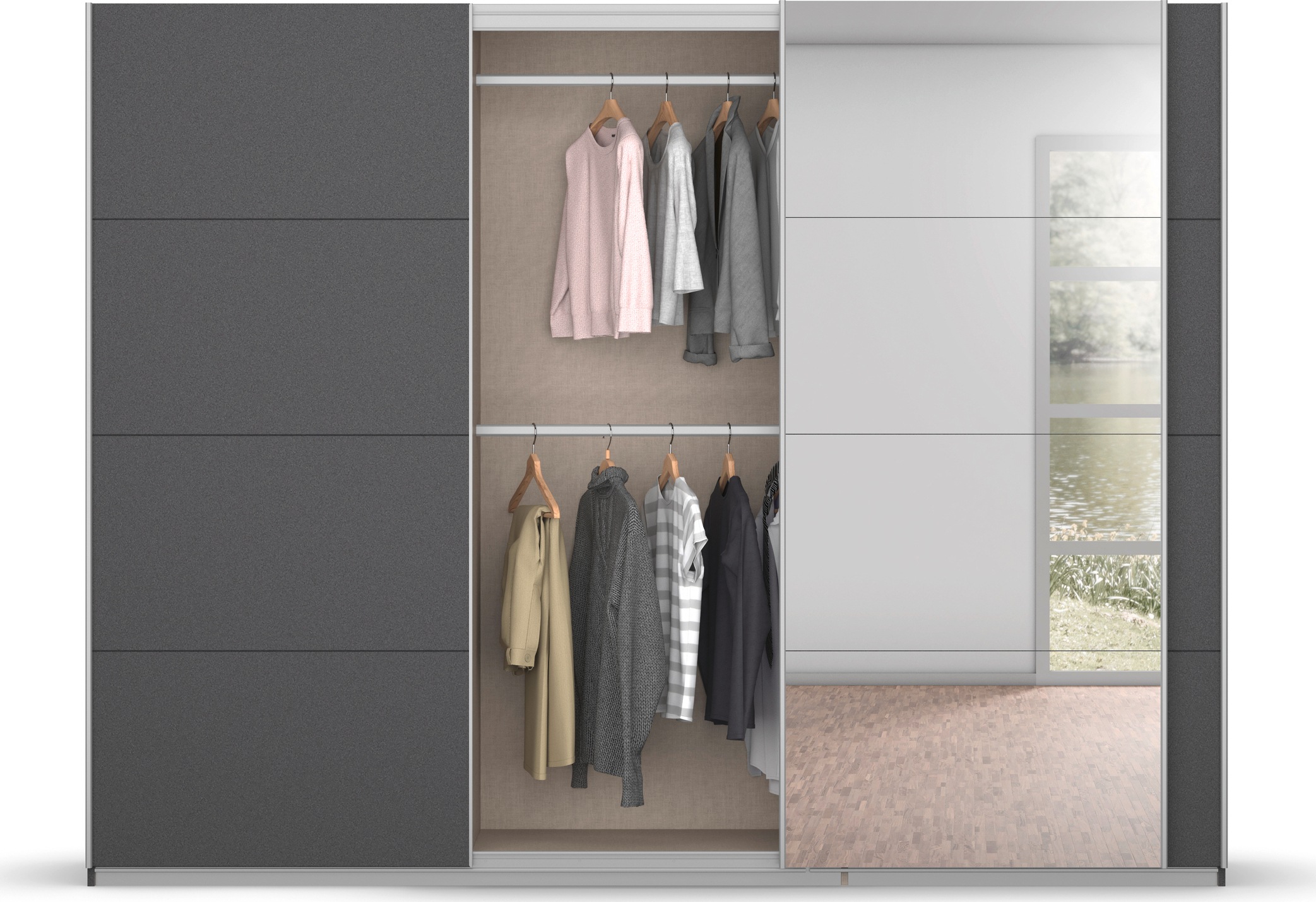 rauch Schwebetürenschrank »Kleiderschrank Schrank Garderobe BESTSELLER KOLUNA mit Spiegel«, inkl. 2 Innenschubladen sowie extra Einlegeböden MADE IN GERMANY
