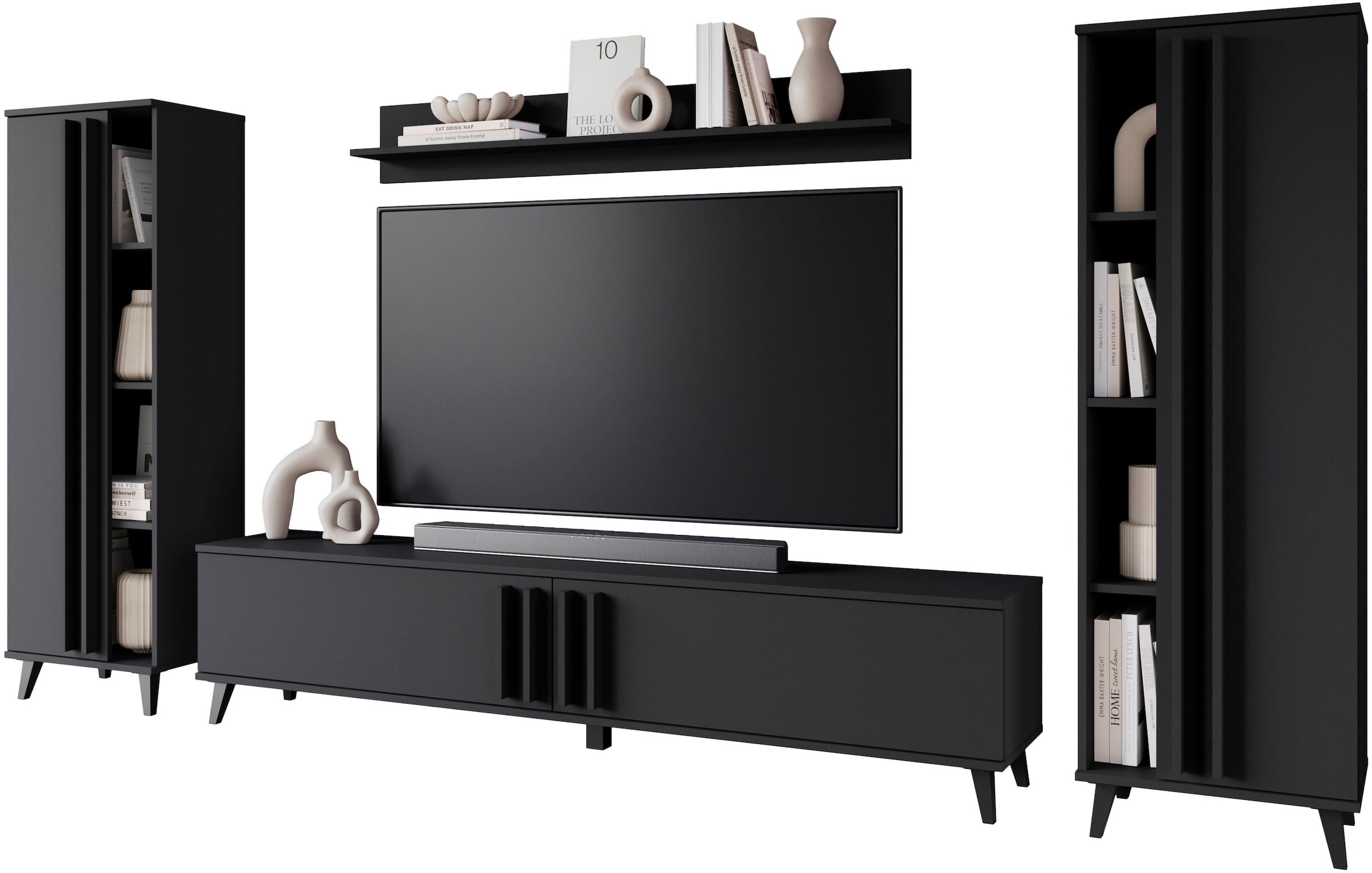 INOSIGN Wohnwand »Helsinki, Modernes Möbelset«, (Komplett-Set, 4 St.), mit lamellengriffen, verstellbaren Einlegeböden und Kunststofffüßen