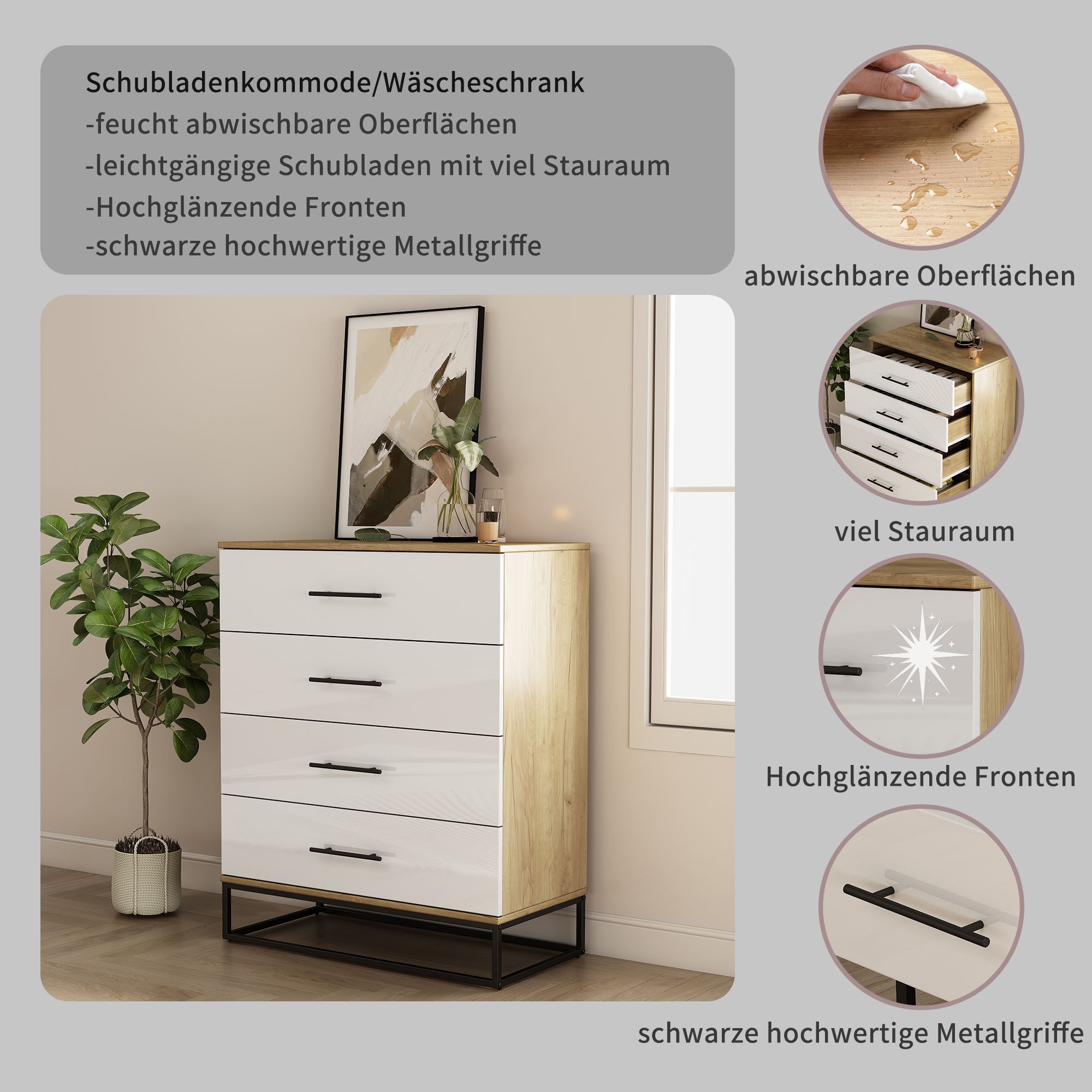 OTTO home Schubkastenkommode »Lucca Sideboard mit schwarzen Griffen 4 Schubladen Kufengestell« Hochwertige Hochglanzfronten in weiß, 