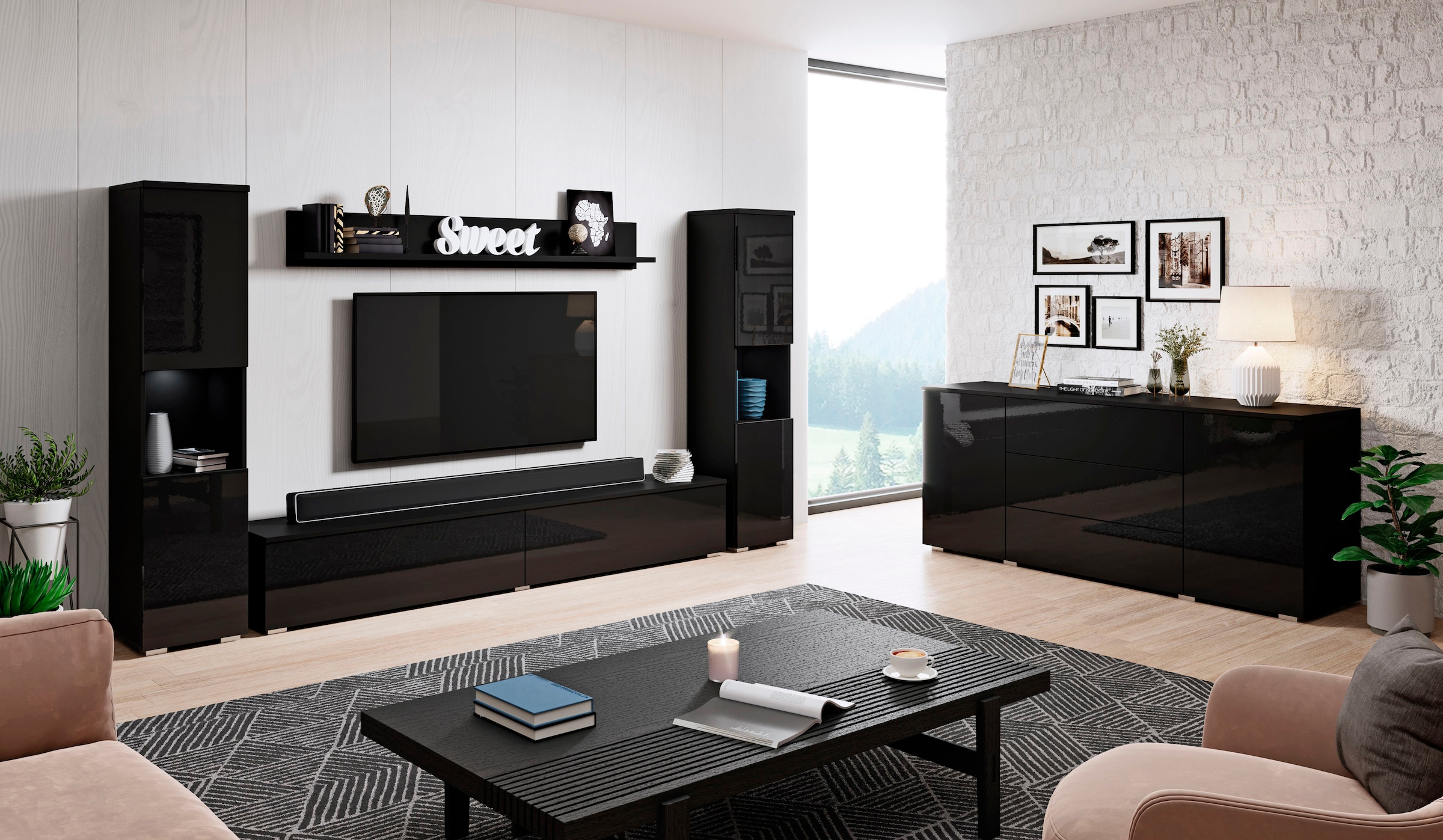 INOSIGN Wohnwand »PARIS, Vitrine Türanschlag links/rechts wechselbar«, (Komplett-Set, 4 St.), grifflose Design, stehend und hängend montierbar