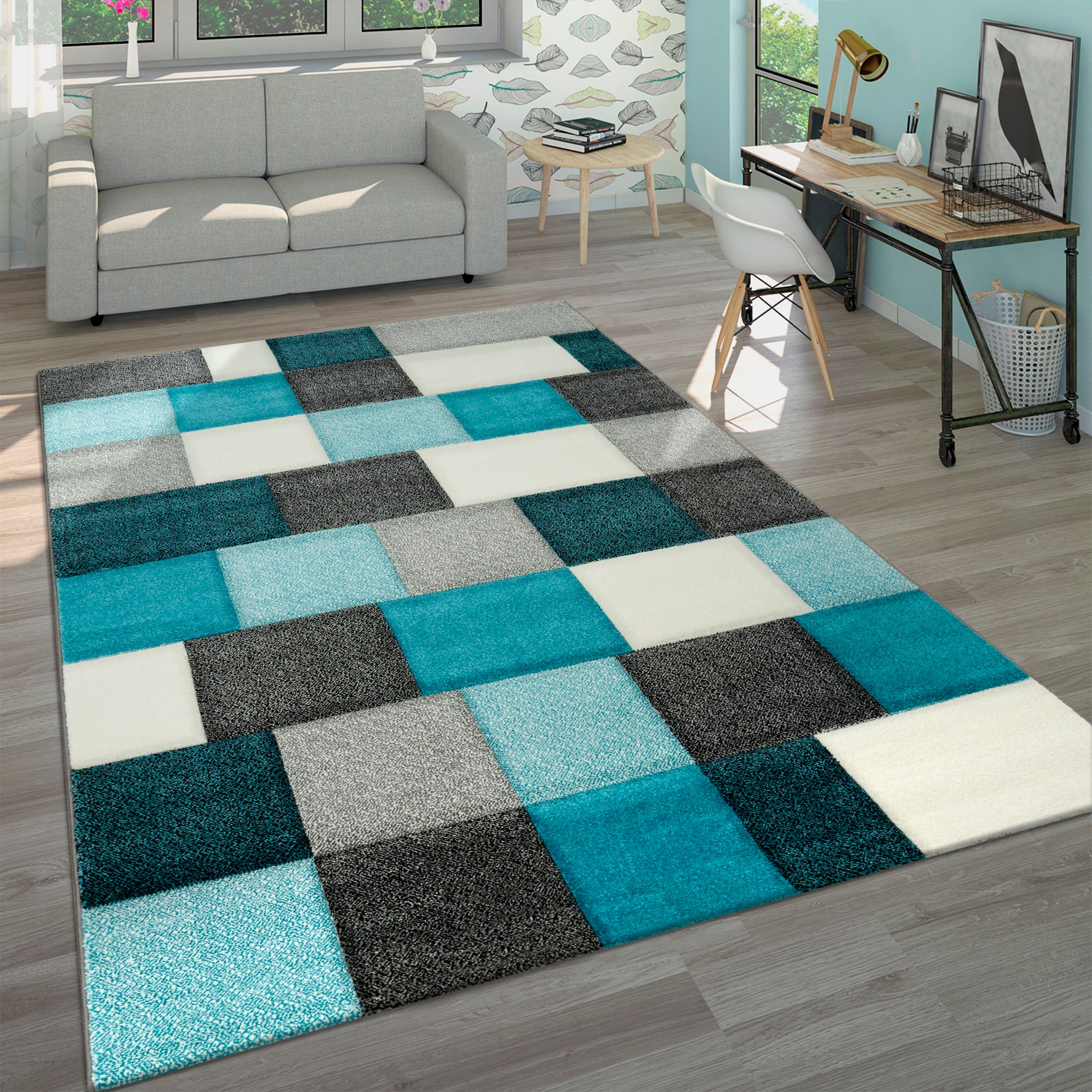 Paco Home Teppich »Brilliance 656«, rechteckig, 17 mm Höhe, Kurzflor, modernes Karo Design, handgefertigter Konturenschnitt