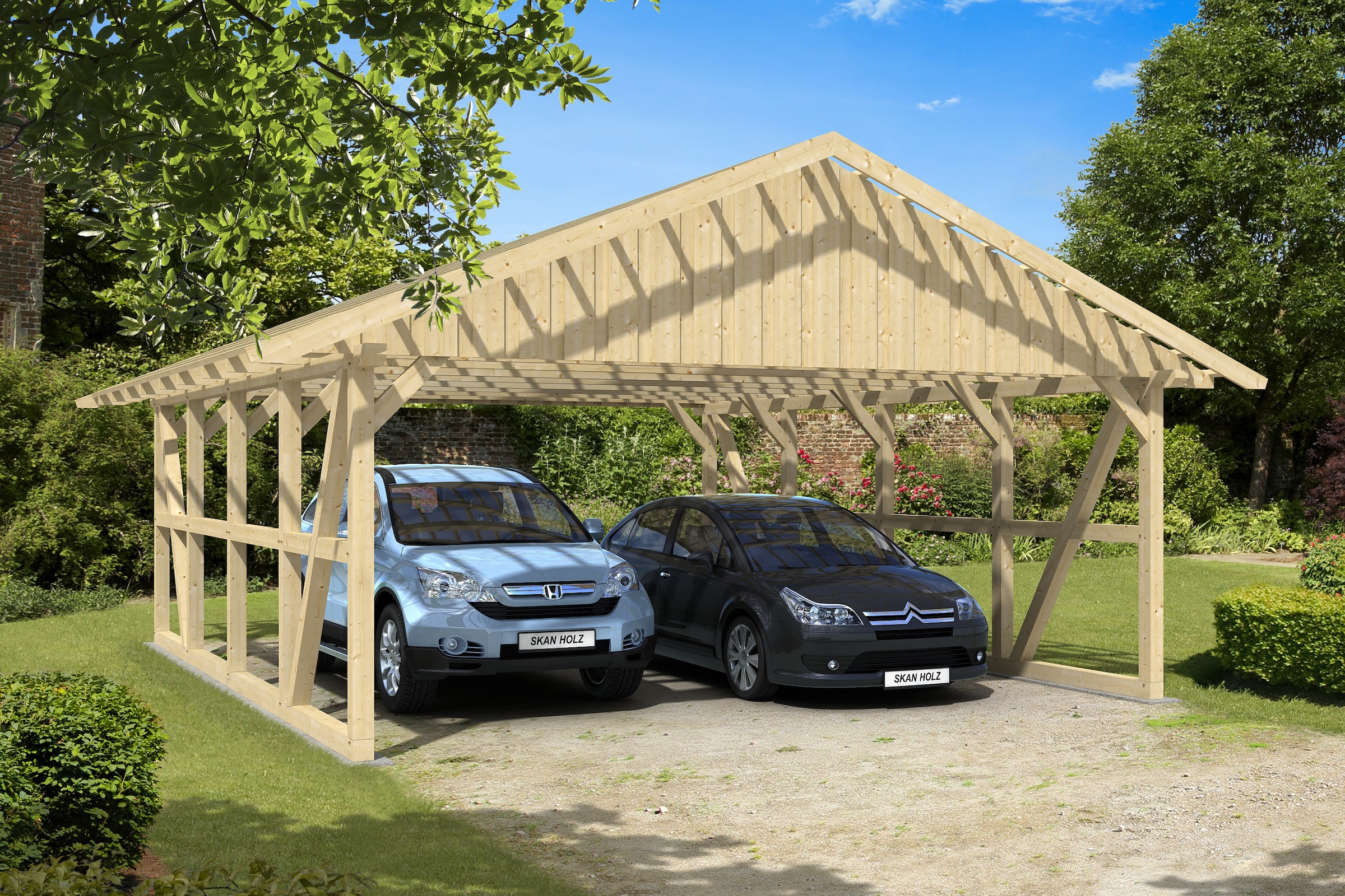 Skanholz Doppelcarport »Schwarzwald«, KVH-Fichte, 560 cm, Natur, mit Dachlattung