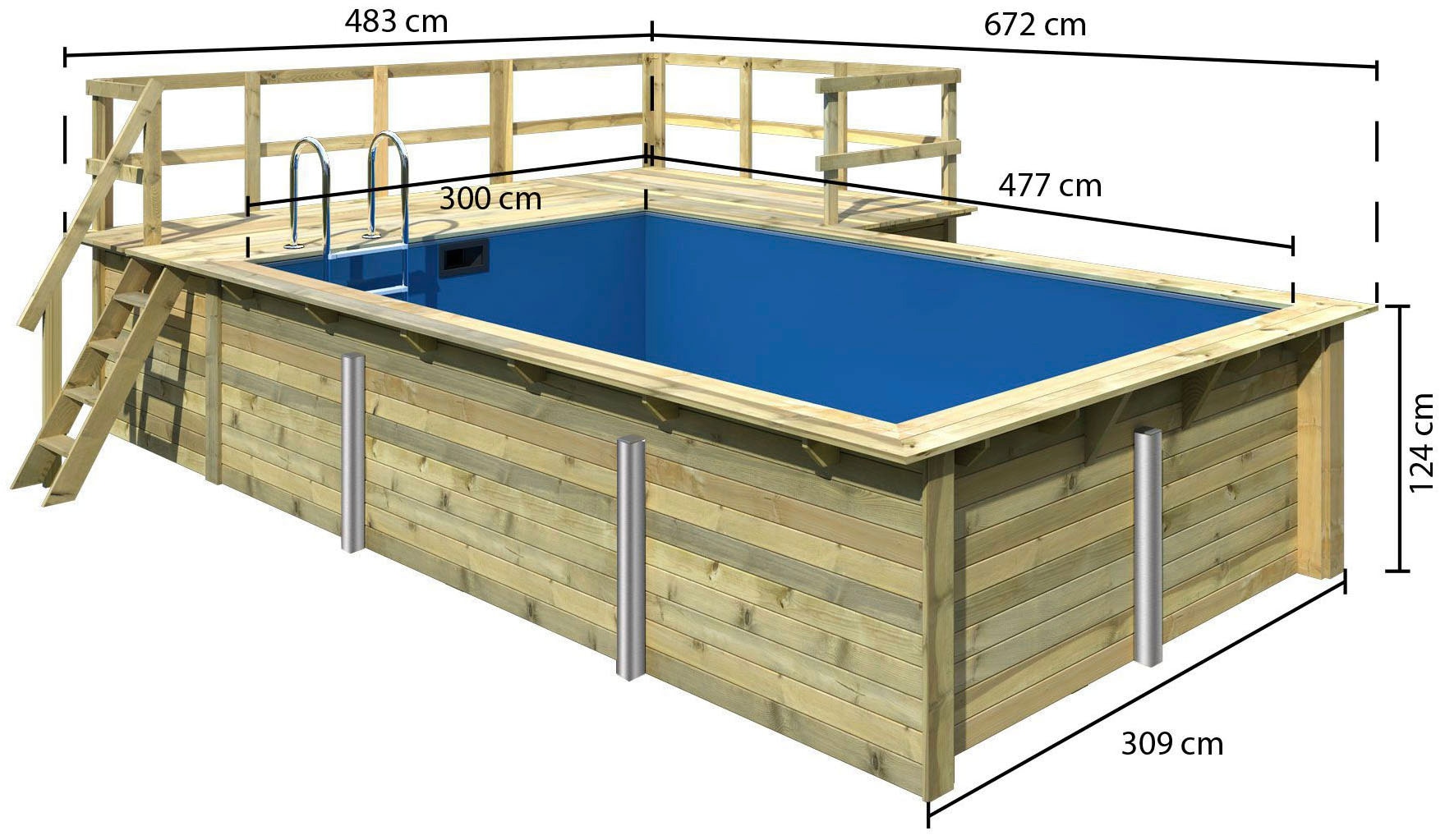 Karibu Rechteckpool »Malta B BxLxH: 353x530x124 cm mit Sonnendeck und Ecke« 44 mm starke kesseldruckimprägnierte Holzbohlen aus Fichtenholz