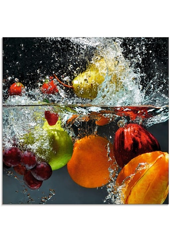 Glasbild »Spritzendes Obst auf dem Wasser«, Lebensmittel, (1 St.)