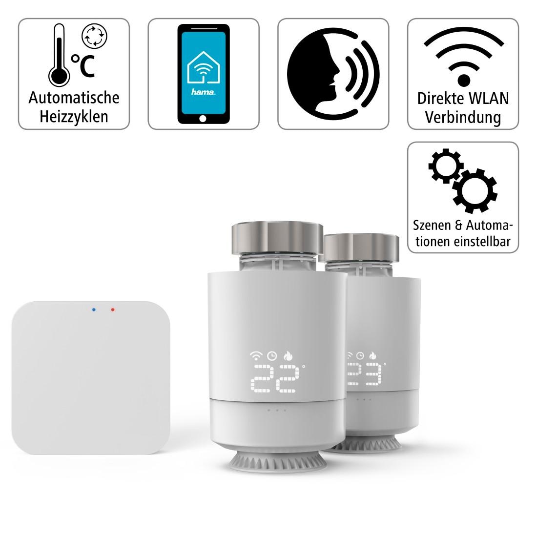 Hama Smart-Home Starter-Set »WLAN Heizungssteuerung, Set 2x smart Heizungsthermostat«, (Heizkörperthermostat), Hub + Adapter