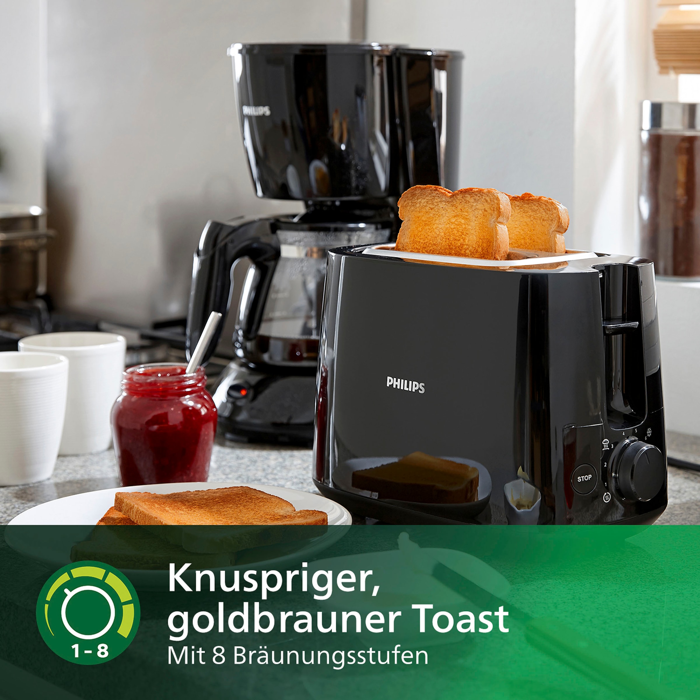 Philips Toaster »HD2581/90 Daily Collection«, 2 kurze Schlitze, für 2 Scheiben, 830 W, Brötchenaufsatz, Krümelschublade, 8 Bräunungsstufen, Schwarz