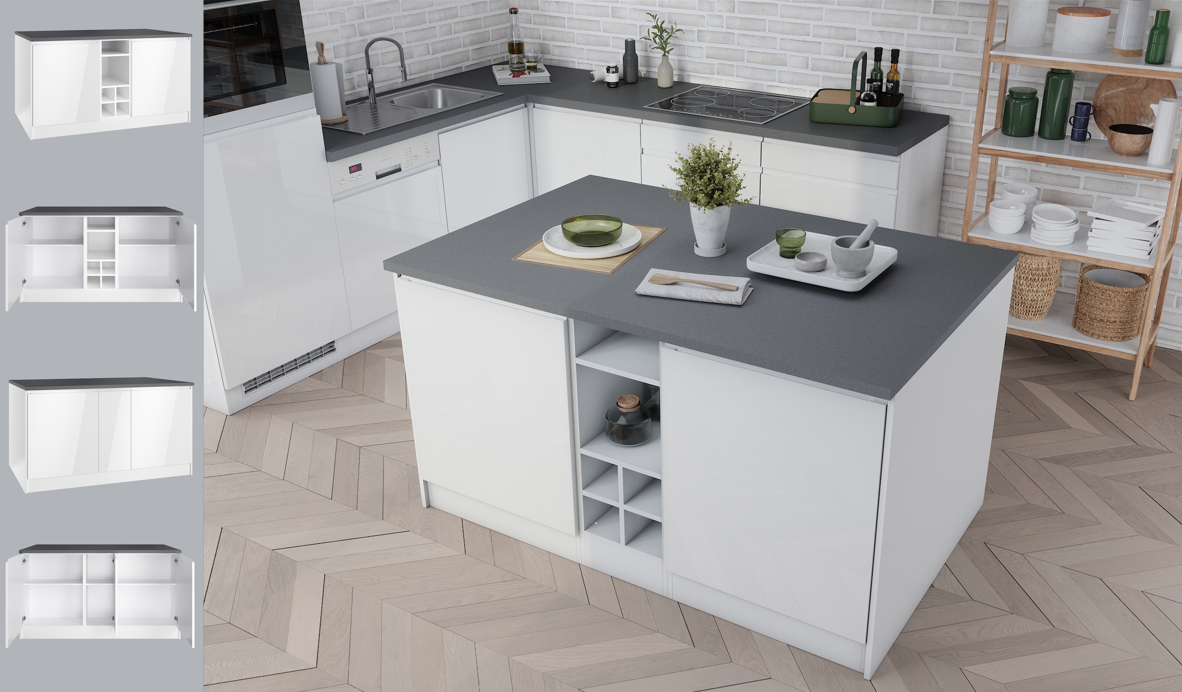 KOCHSTATION Kücheninsel »KS-Virginia«, Breite 153 cm, MDF-Fronten, Flaschenregal