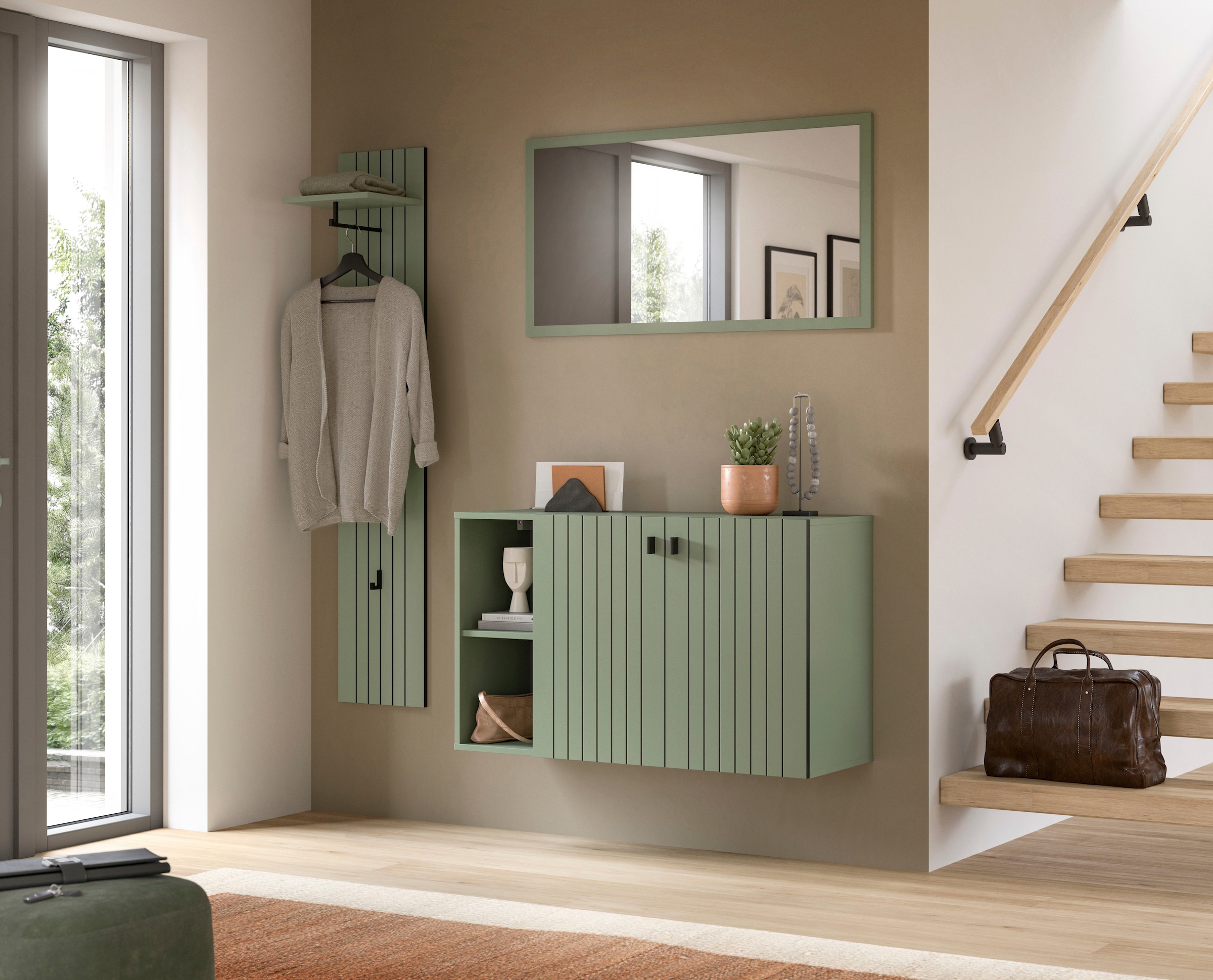 INOSIGN Garderobenpaneel »TATIO, Rillenfräsung, 4 Haken, 1 Kleiderstange, 1 Ablageboden« 1 Stk. tlg. Garderobenpaneel, Garderobe, Flur, Diele