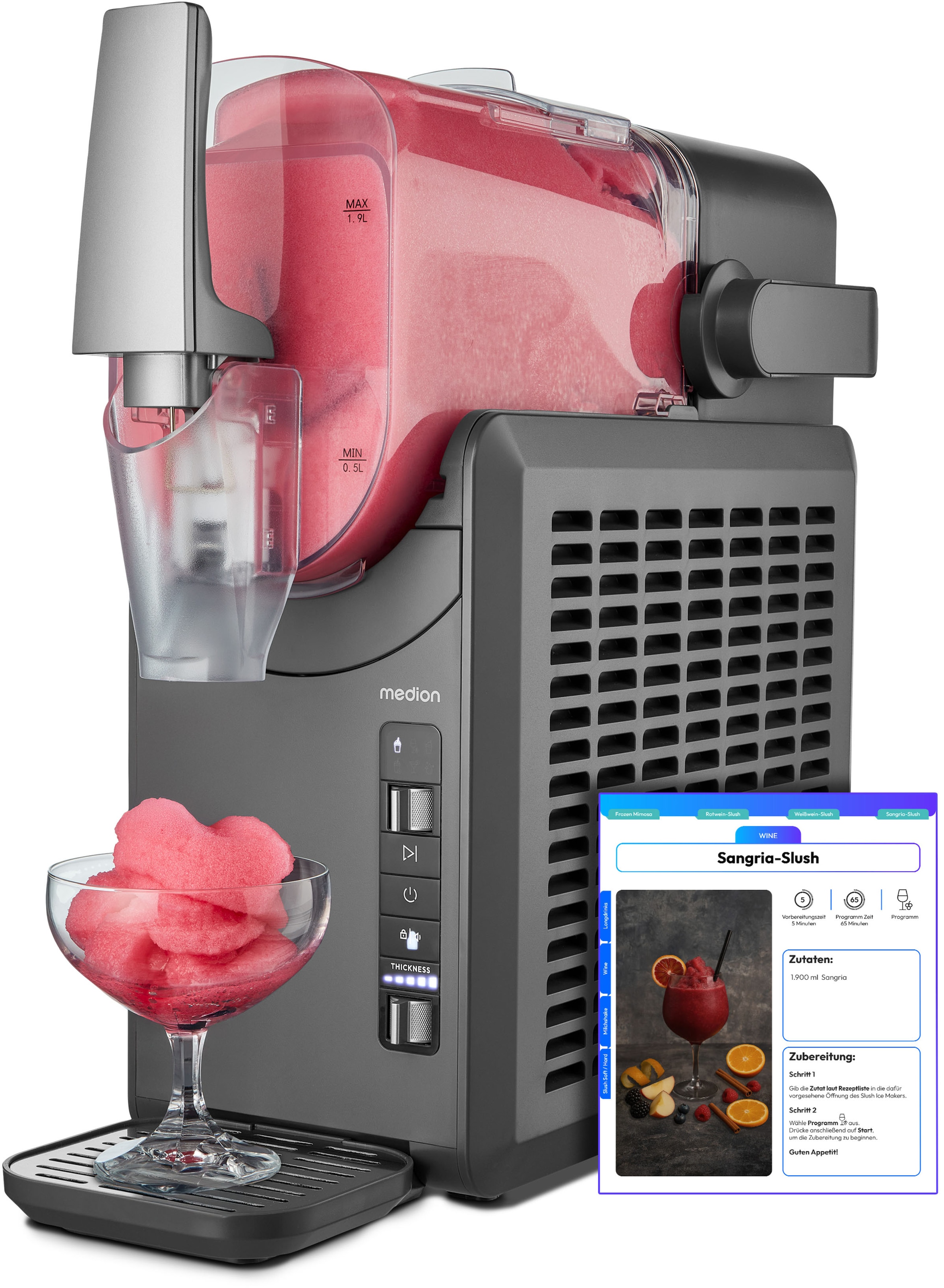 Medion® Slush-Eismaschine »LIFE MD12090 / Slush Ice Maker, 2,6 L Kapazität, Härtegradkontrolle«, 2,6 l, 200 W, 5 Programme, 30–60 Min. Zubereitungszeit, Kompressorkühlung