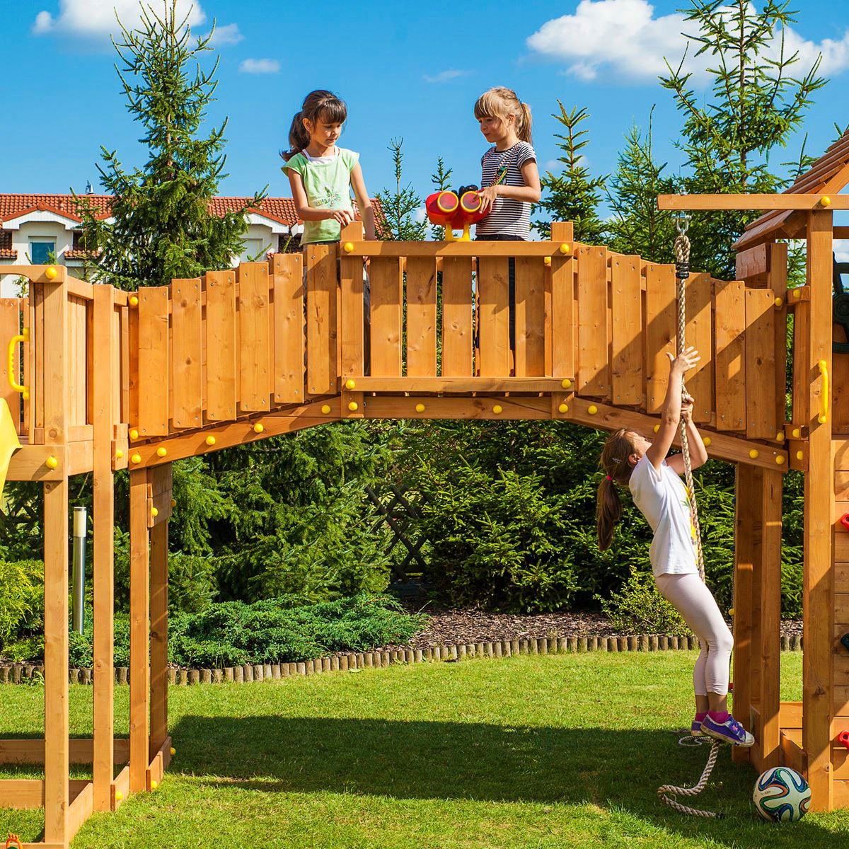 FUNGOO Spielturm »FORTRESS TIPTOP Rainbow«, mit Schaukel & Rutsche, Klettererweiterung, Sandkasten