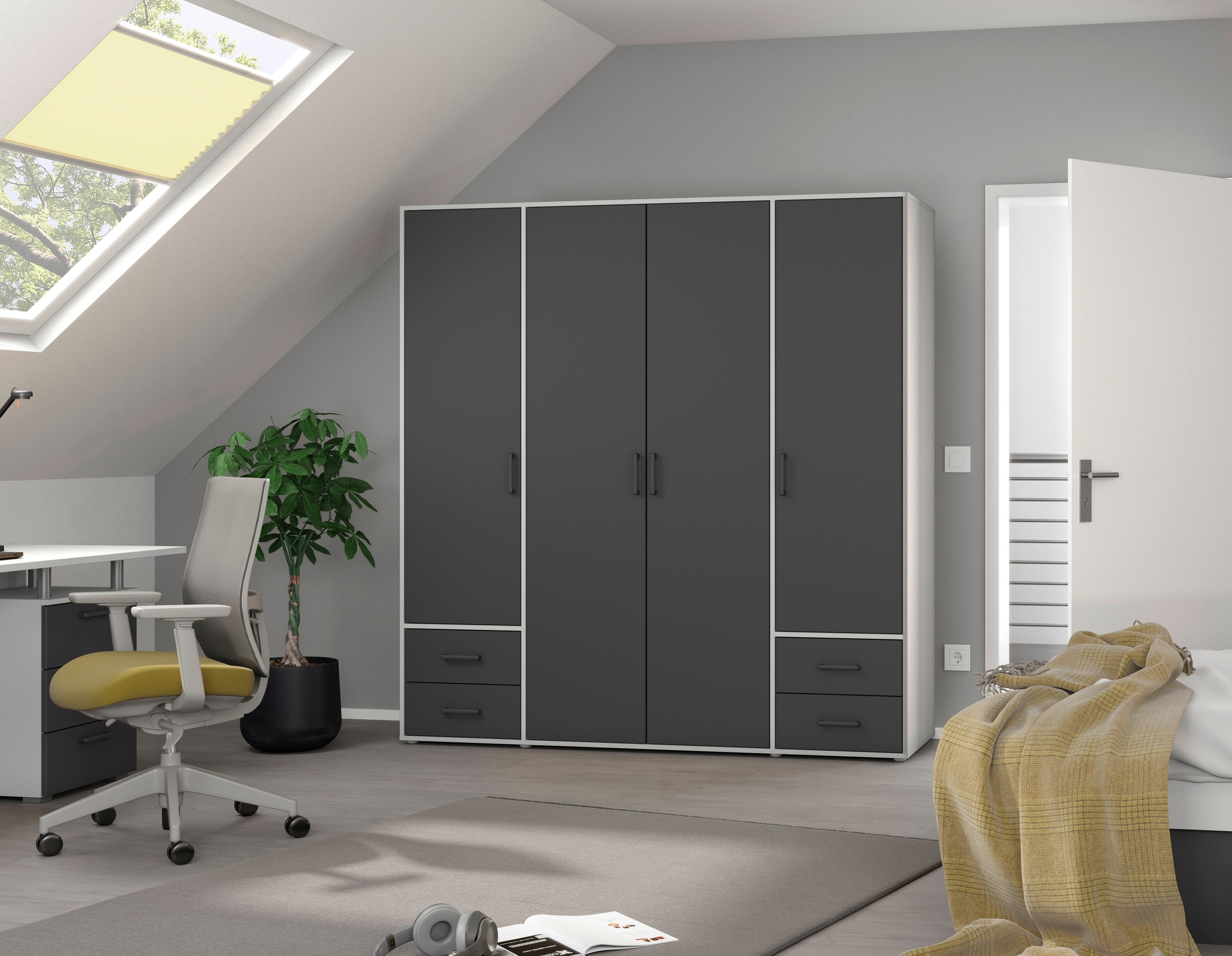 rauch Drehtürenschrank »Kleiderschrank Schrank Garderobe Wäscheschrank VOYAGER«, (in 3 verschiedenen Ausstattungen BASIC/CLASSIC/PREMIUM), moderne Griffe in Graumetallic mit Außenschubkästen MADE IN GERMANY