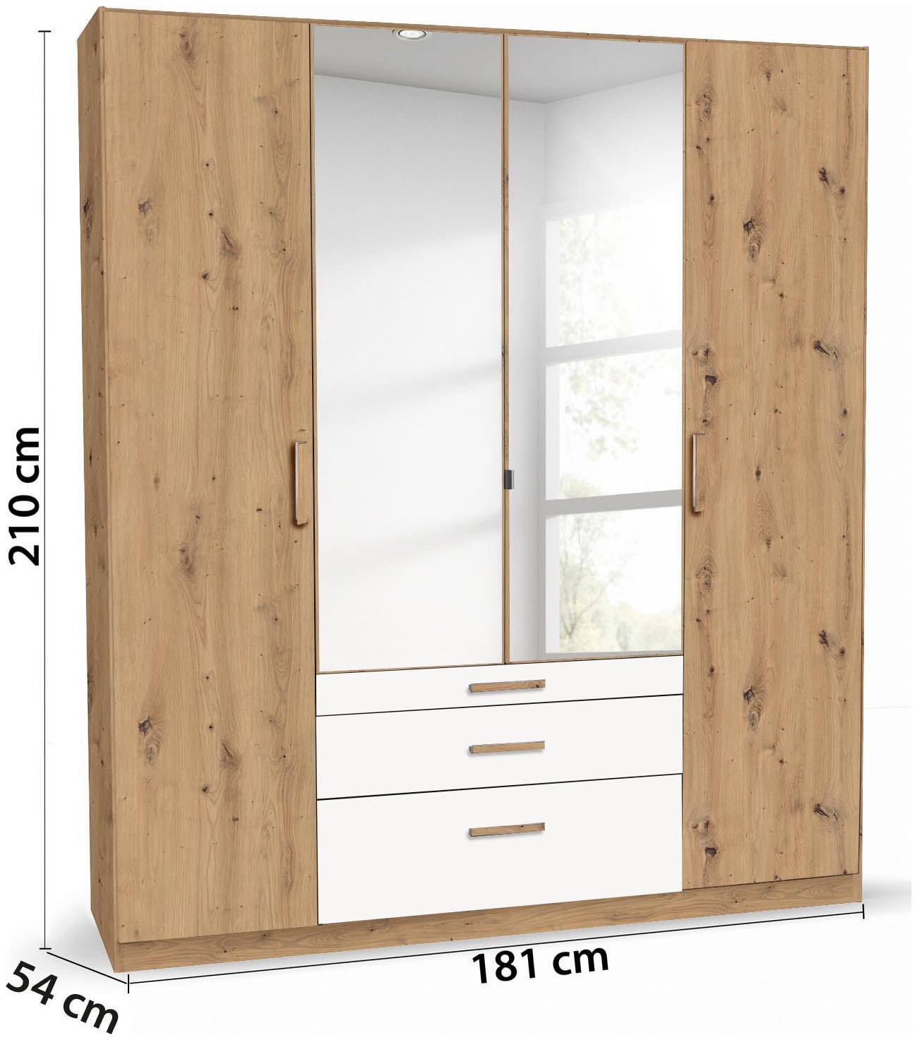 rauch Kleiderschrank »Schrank Drehtürenschrank Ankleide Garderobe Schlafzimmer MOSBACH« Breiten: 181/226/271 cm, Höhe 210 cm,  mit Spiegel und farblich abgesetzten Schubladen MADE IN GERMANY