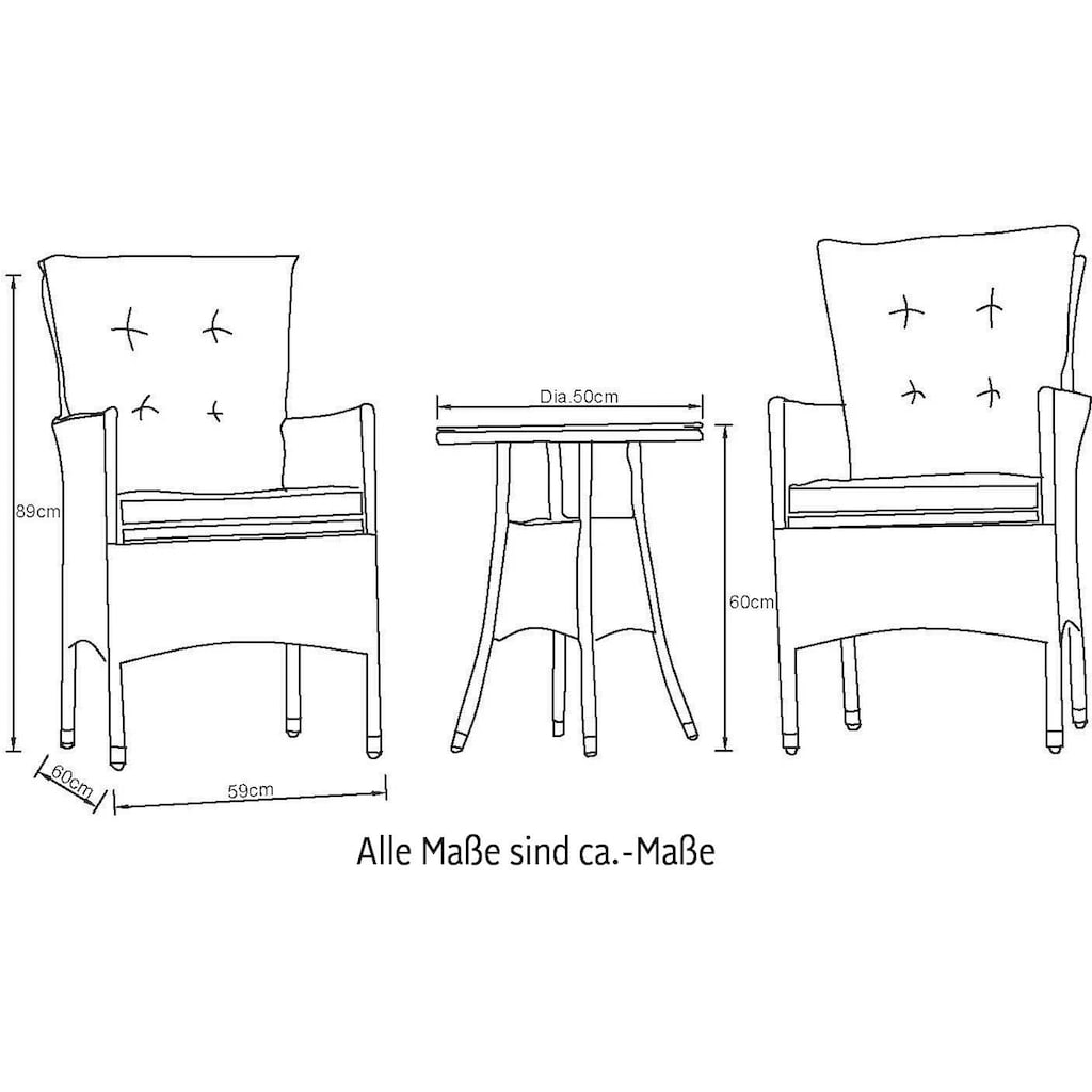 KONIFERA Balkonset »Mailand«, (Set, 7 tlg., 2 Sessel, Tisch Ø 50 cm, inkl. Auflagen)