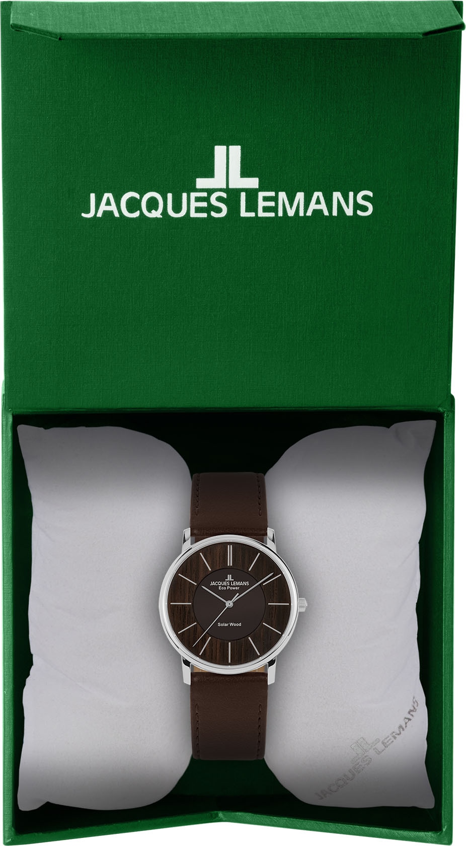 Jacques Lemans Solaruhr »Eco Power - Solar Wood, 1-2106A«, Armbanduhr, Holz-Zifferblatt, gehärtetes Crystexglas