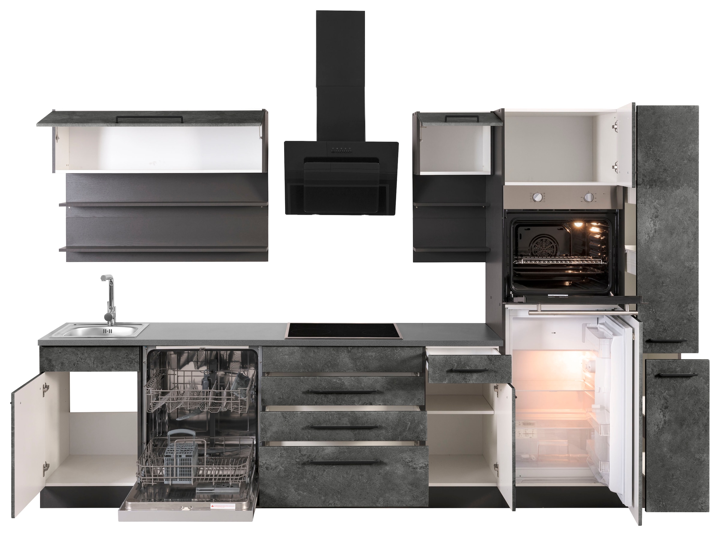 KOCHSTATION Küchenzeile »KS-Tulsa«, mit E-Geräten, Breite 320 cm, schwarze Metallgriffe, MDF Fronten