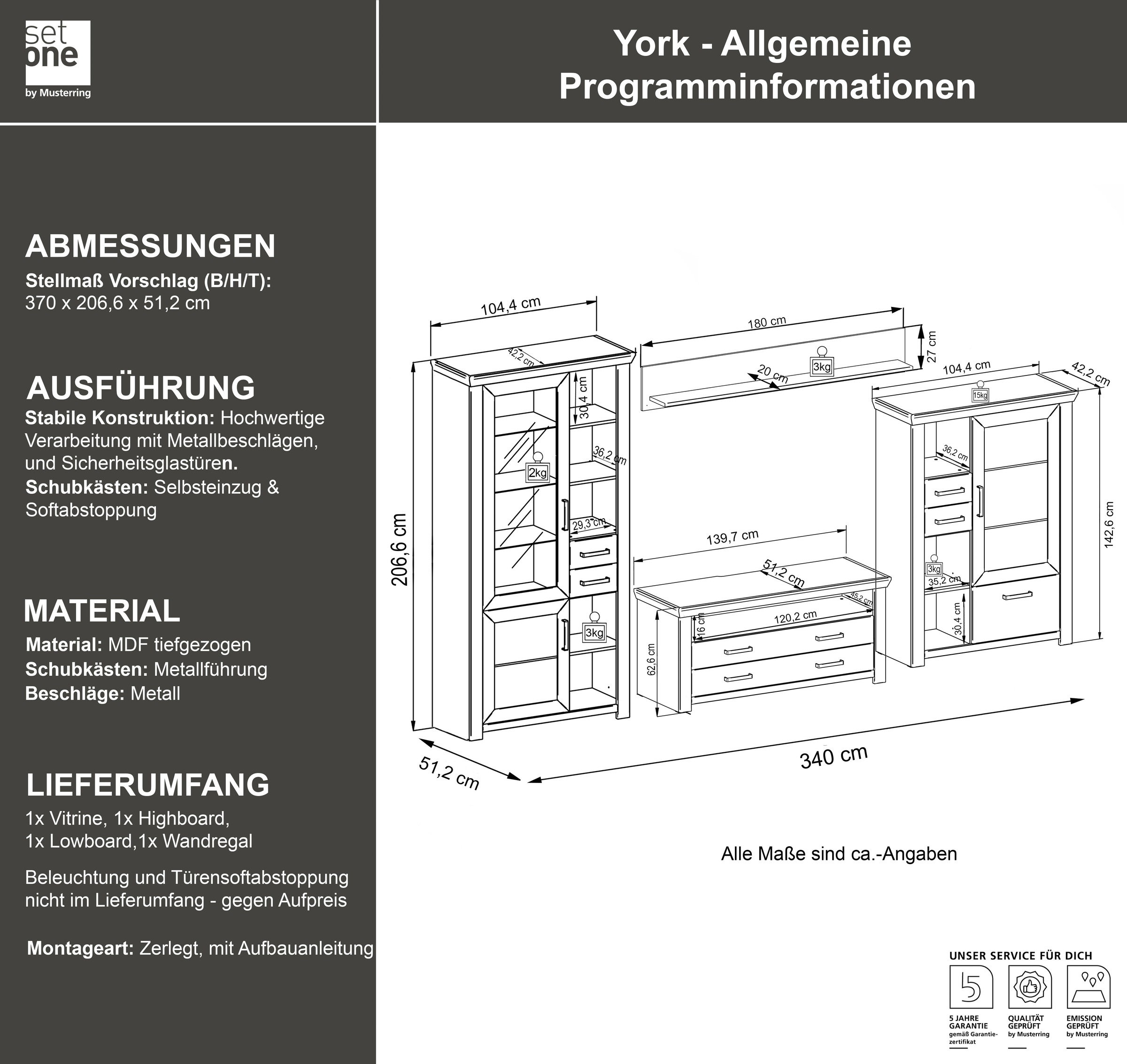 set one by Musterring Wohnwand »York«, (4 St.), Kombination mit 4 Teilen, in 3 Farbvarianten, Gesamtbreite 370 cm