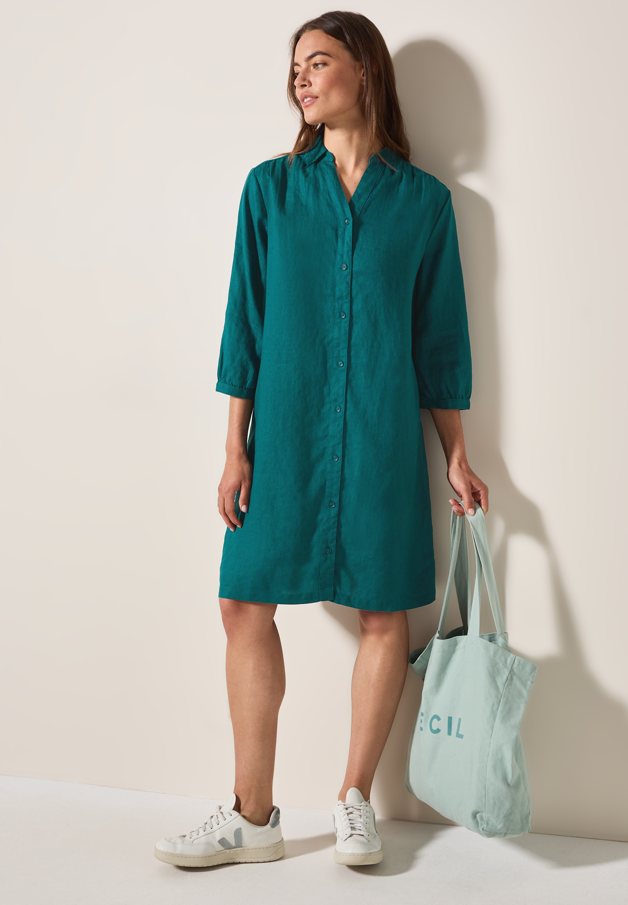 CECIL Blusenkleid Ohne Taschen aus Leinen und mit 3/4-Arm green lagoon L (42) - N-Gr N-Gr L (42) Knielanges Kleid von STREET ONE