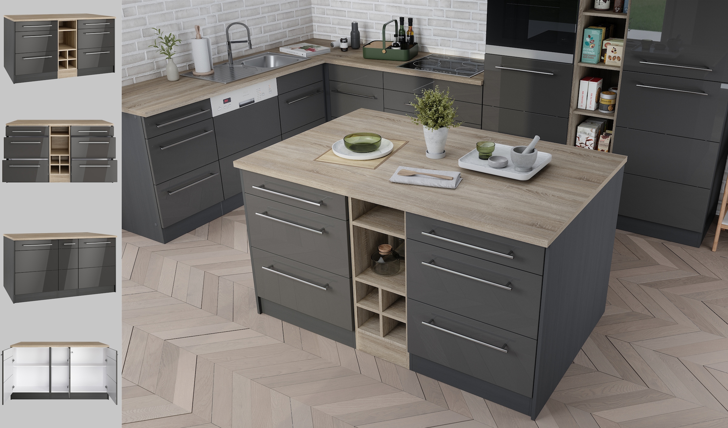 KOCHSTATION Kücheninsel »KS-Wien«, Breite 153 cm, MDF-Fronten, Flaschenregal