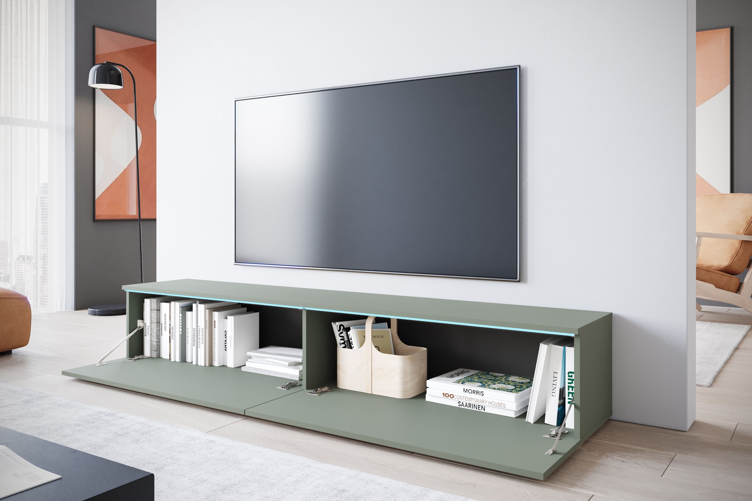 INOSIGN Lowboard »LOWBOARD VERA, wahlweise mit oder ohne Beleuchtung«, Modernes griffloses TV-Board, 180 cm TV-Schrank, stehend und hängend