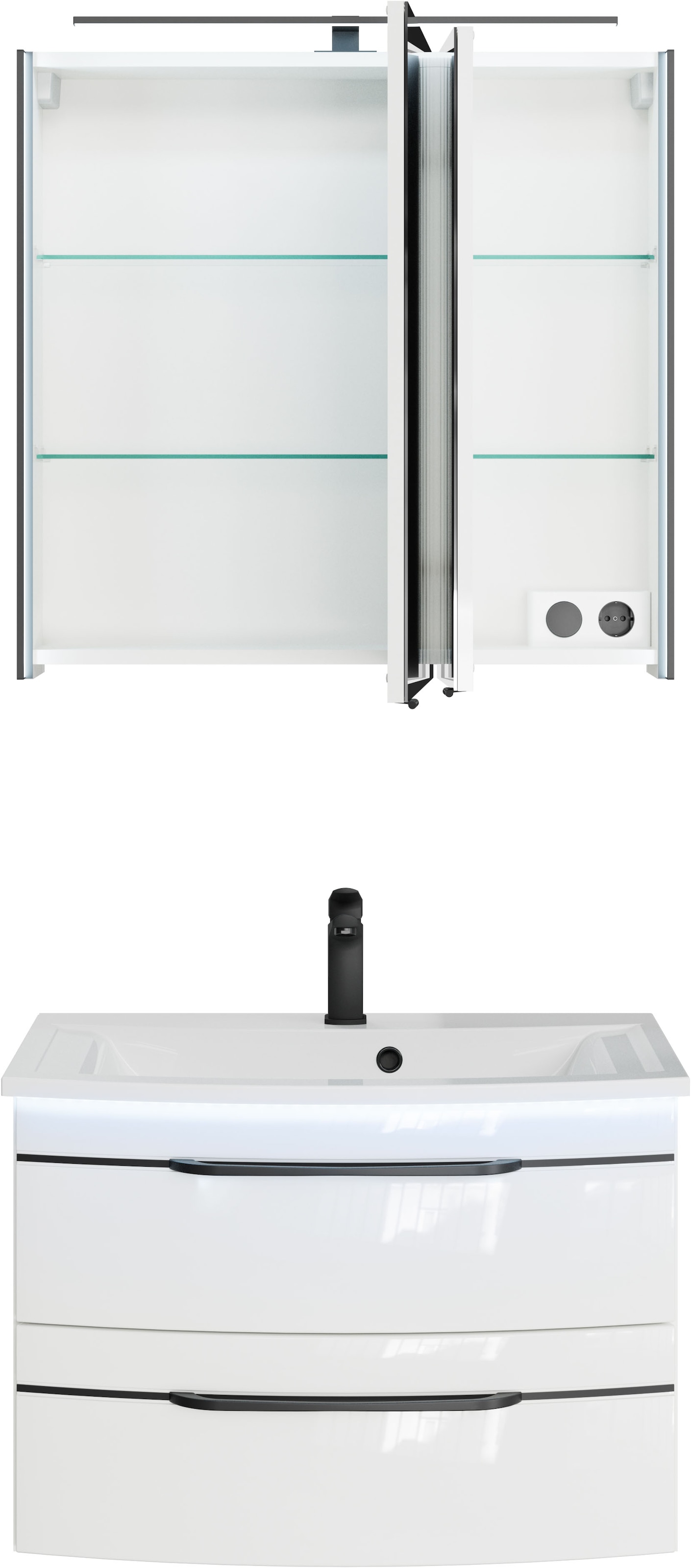 Saphir Badmöbel-Set »Serie 7045 2-teilig Mineralmarmor-Waschtisch mit LED-Spiegelschrank«, (Set, 2 St.), Badezimmer-Set 73,2 cm breit, inkl. Türdämpfer, 2 Türen, 2 Schubladen