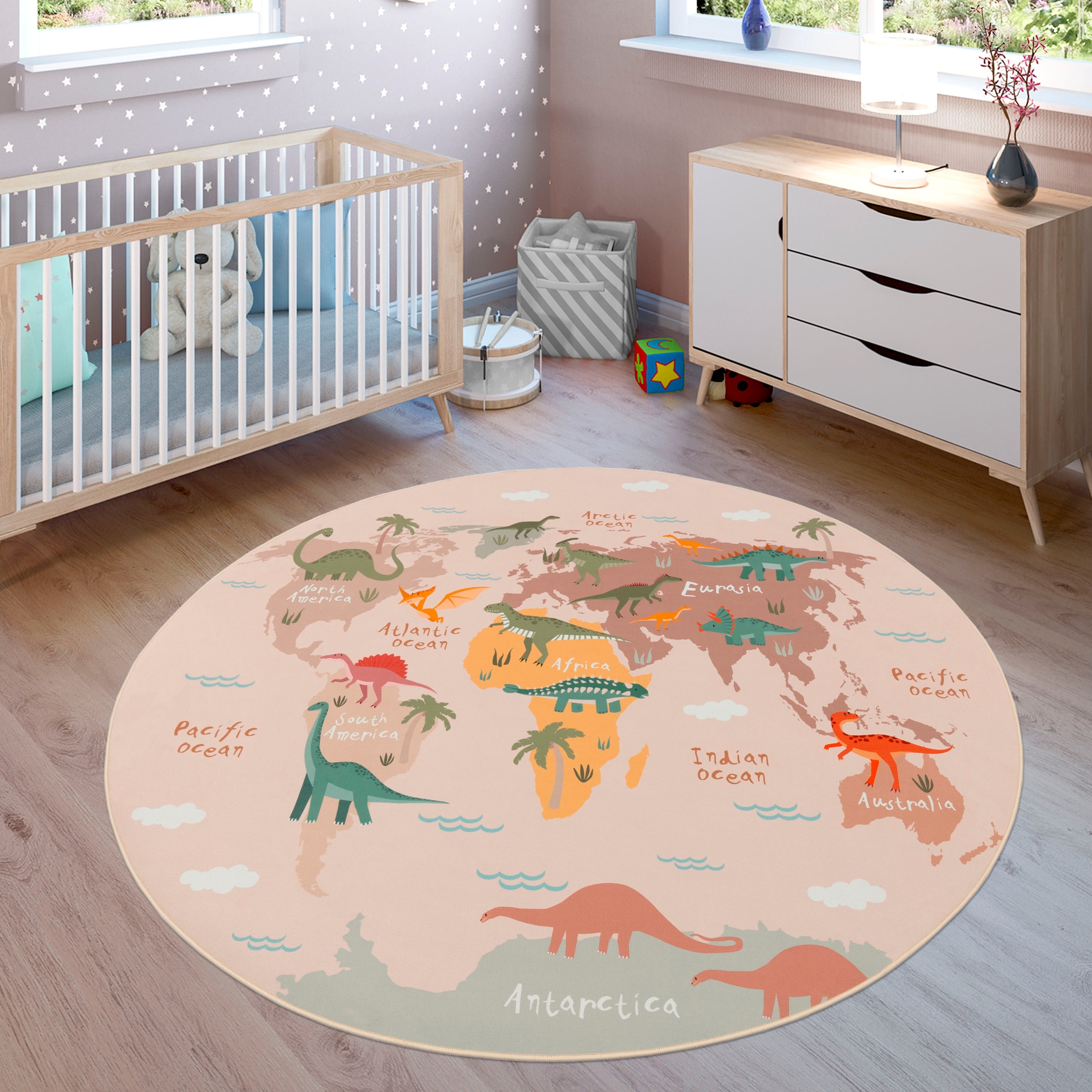 Kinderteppich »Bino 583«, rund, Spielteppich, Motiv Weltkarte & Dinosaurier, Kinderzimmer