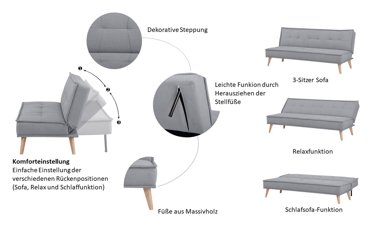 INOSIGN Schlafsofa »MENDOTA, 181 cm, 3-Sitzer mit Schlaffunktion,«, verstellbarer Rückenlehne, Klappmechanismus, Webstoff