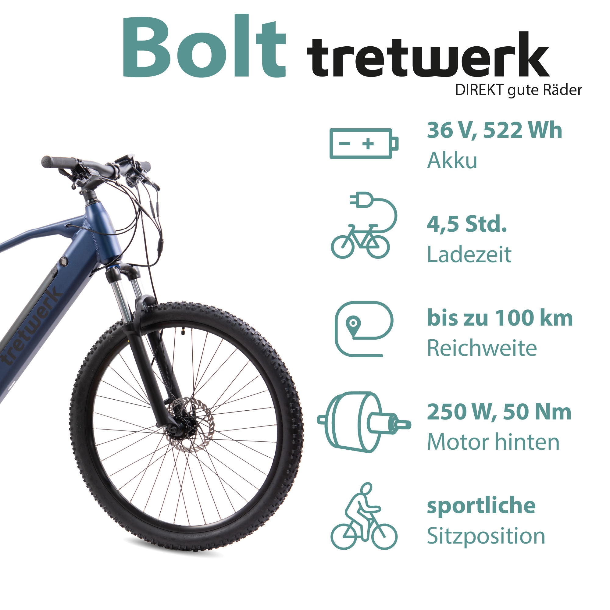 Tretwerk E-Bike »Bolt«, Shimano, Heckmotor 250 W, Pedelec, Elektrofahrrad für Damen u. Herren, MTB