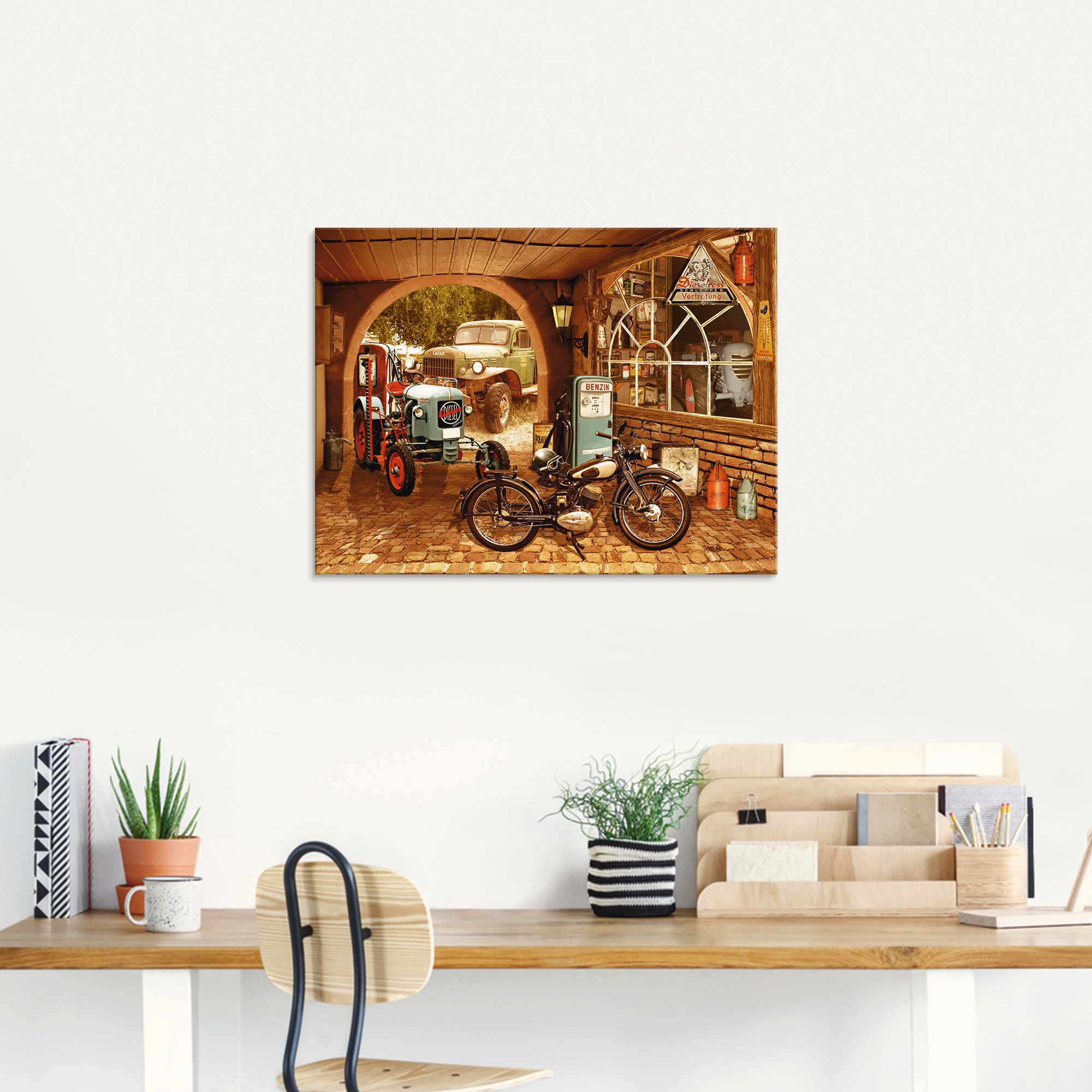 Artland Glasbild »Werkstatt mit Traktor und Motorrad« Traktoren 1 Stk. tlg. günstig online kaufen