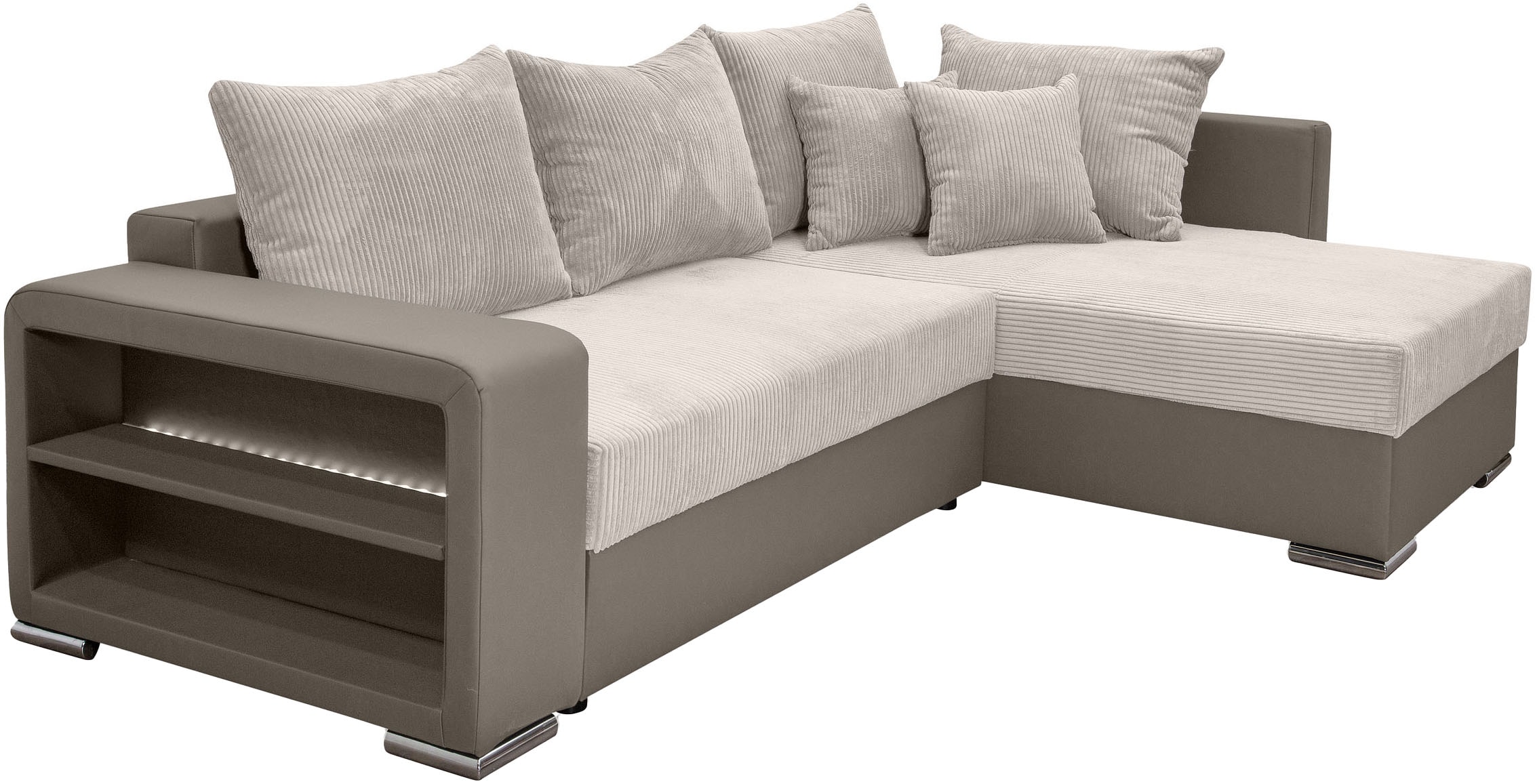 COLLECTION AB Ecksofa »L-Form«, Regalarmlehne mit LED RGB Beleuchtung,Bettfunktion und Bettkasten