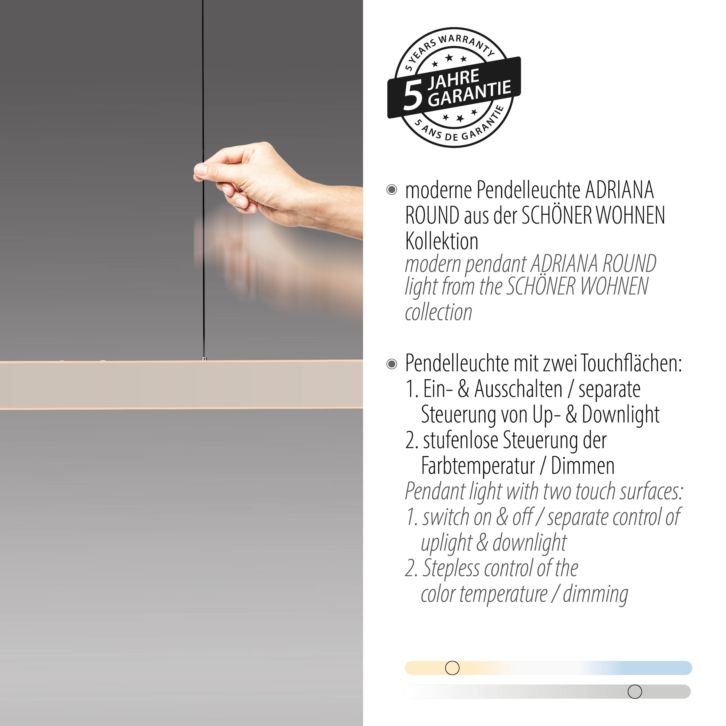 SCHÖNER WOHNEN-Kollektion LED Pendelleuchte »ADRIANA ROUND« LED-Board 1 Stk. warmweiß - kaltweiß SCHÖNER WOHNEN Kollektion, Touchdimmer, Comfort-Lift, Memoryfunktion