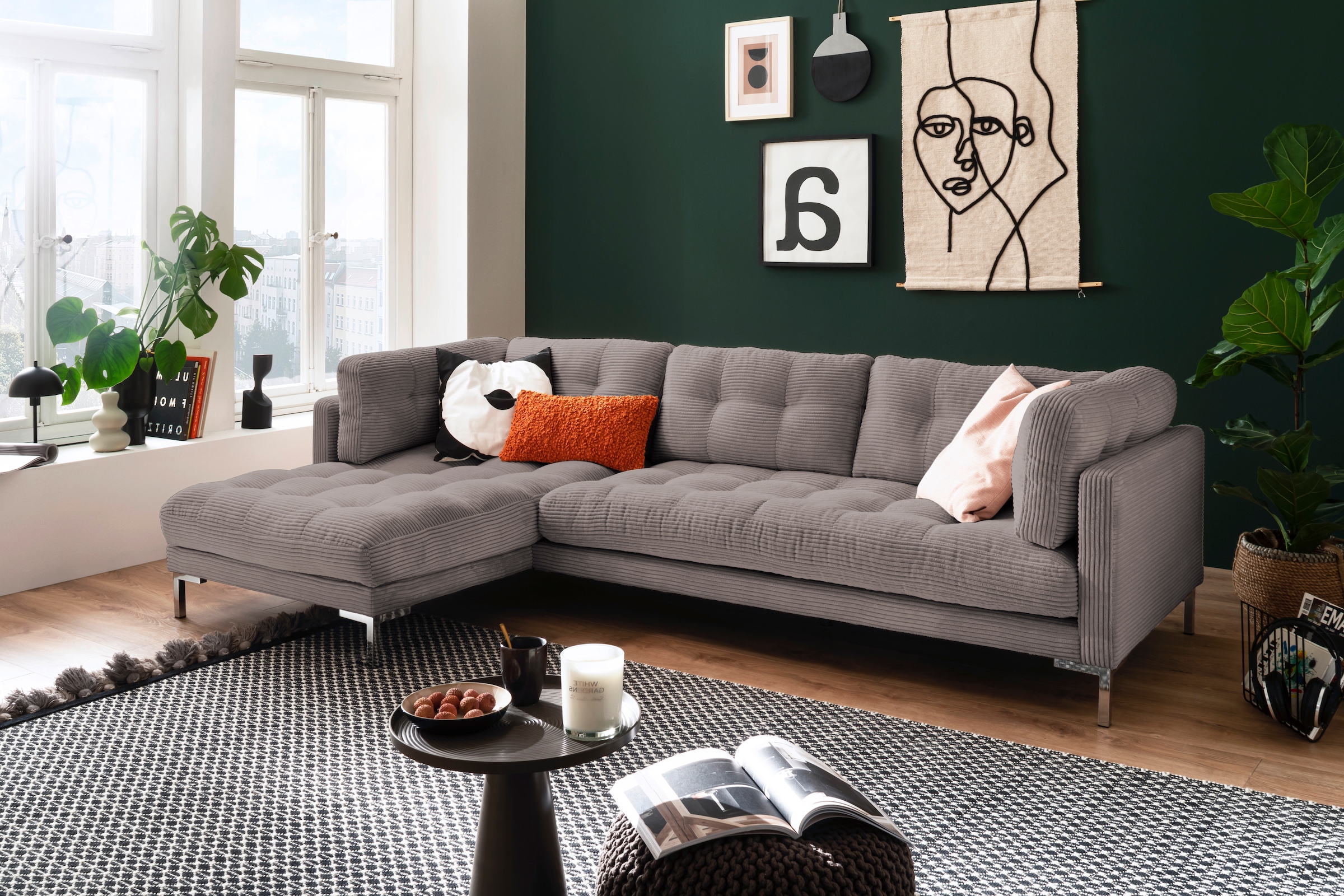 Trends by HG Ecksofa "Landau L-Form", in Cord-Stoff mit Metallfuß günstig online kaufen