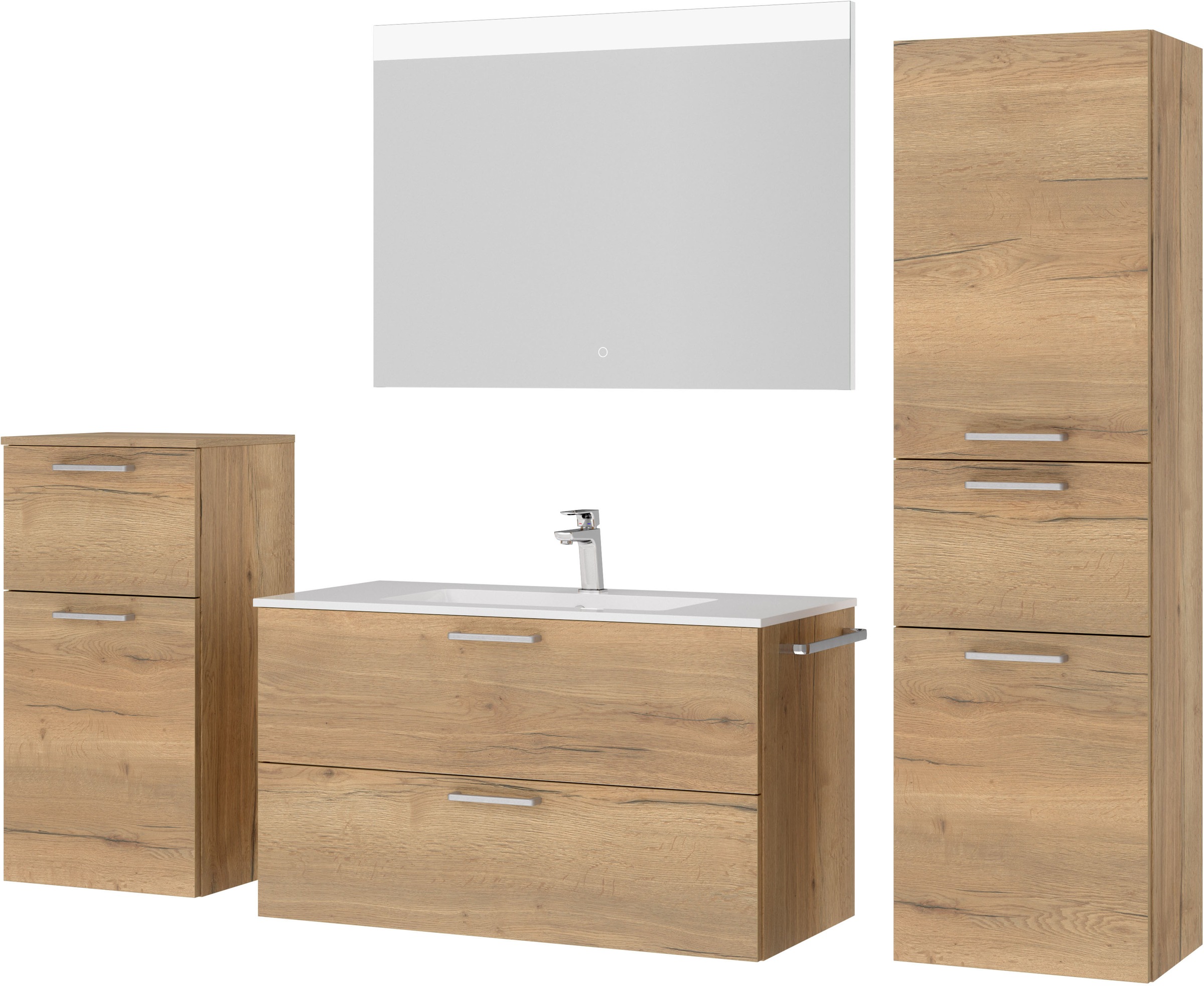 nobilia® Badmöbel-Set »Tolvina«, (4 St., vormontiert, mit Soft-Close), inkl. Spiegel mit Touch-Sensor, in vier Breiten