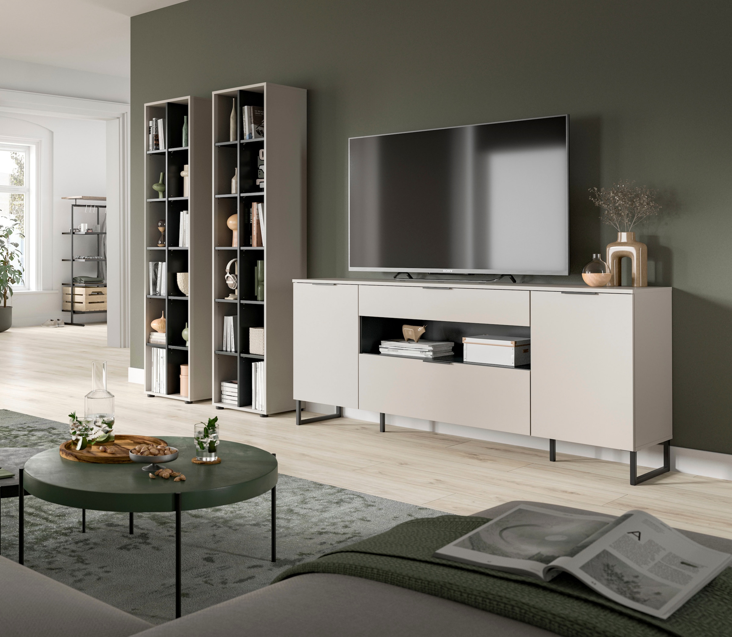 INOSIGN Wohnwand »Adio, Wohnkombination, 305 cm Breit«, (Set, 3 St.), Adio, Wohnkombination 3tlg. Kashmir NB, 2 Stauraumregale, Sideboard
