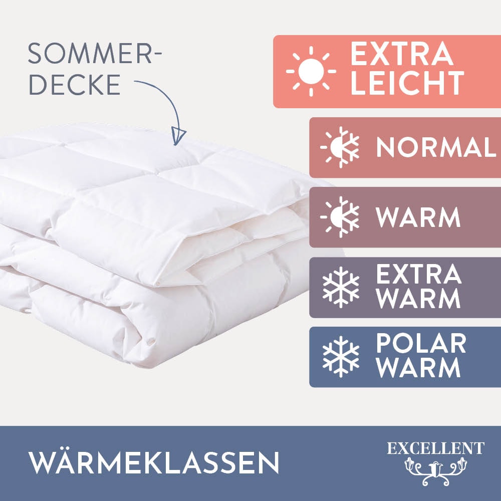 Excellent Daunenbettdecke »Wien, Bettdecken für Sommer und Winter, Decke«, extraleicht, Füllung 90% Daunen, 10% Federn, Bezug 100% Baumwolle, (1 St.), Bettdecke 135x200 cm, made in Germany, allergiker geeignet (Hausstaub)