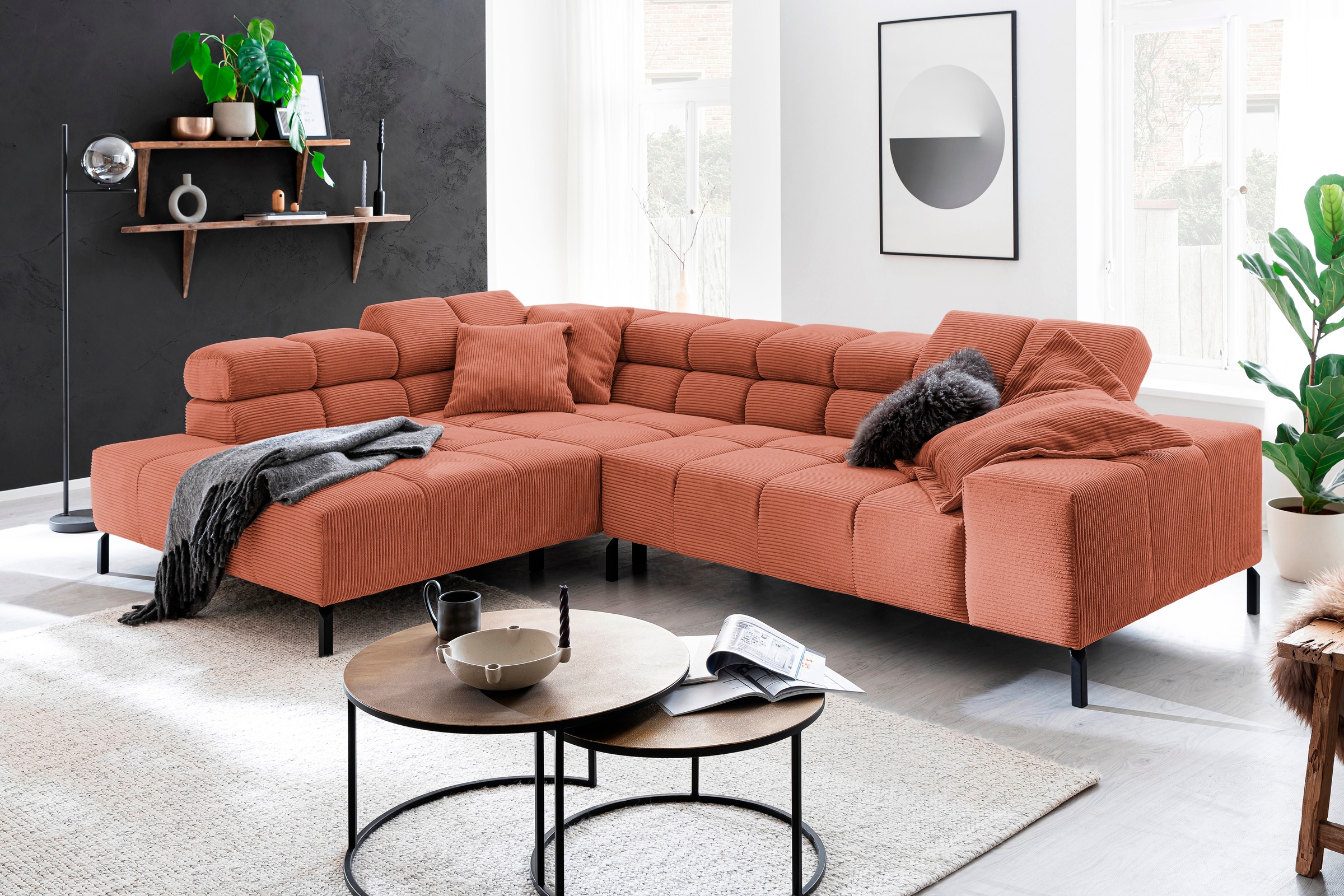 INOSIGN Ecksofa »Ancona New, wahlweise motorische Sitztiefenverstellung, auch in Cord«, feine Steppung, mit Kopfteilverstellung, 3 Zierkissen, L-Form