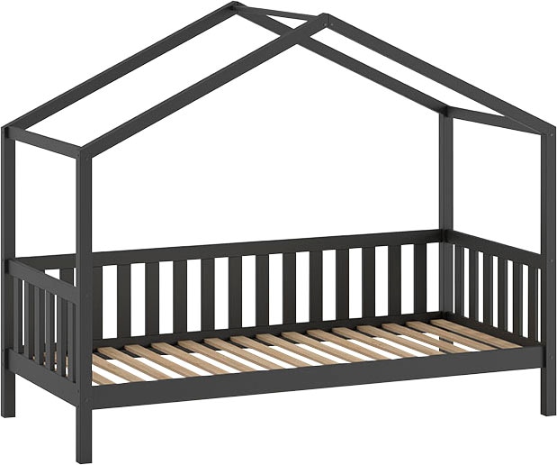 Vipack Hausbett »Dallas, mit Dachaufbau, Kiefer massiv, stabil gebaut«, (B/H/T ca. 210x170x97cm, mit Sprossenumrandung), wahlweise mit oder ohne Bettschublade
