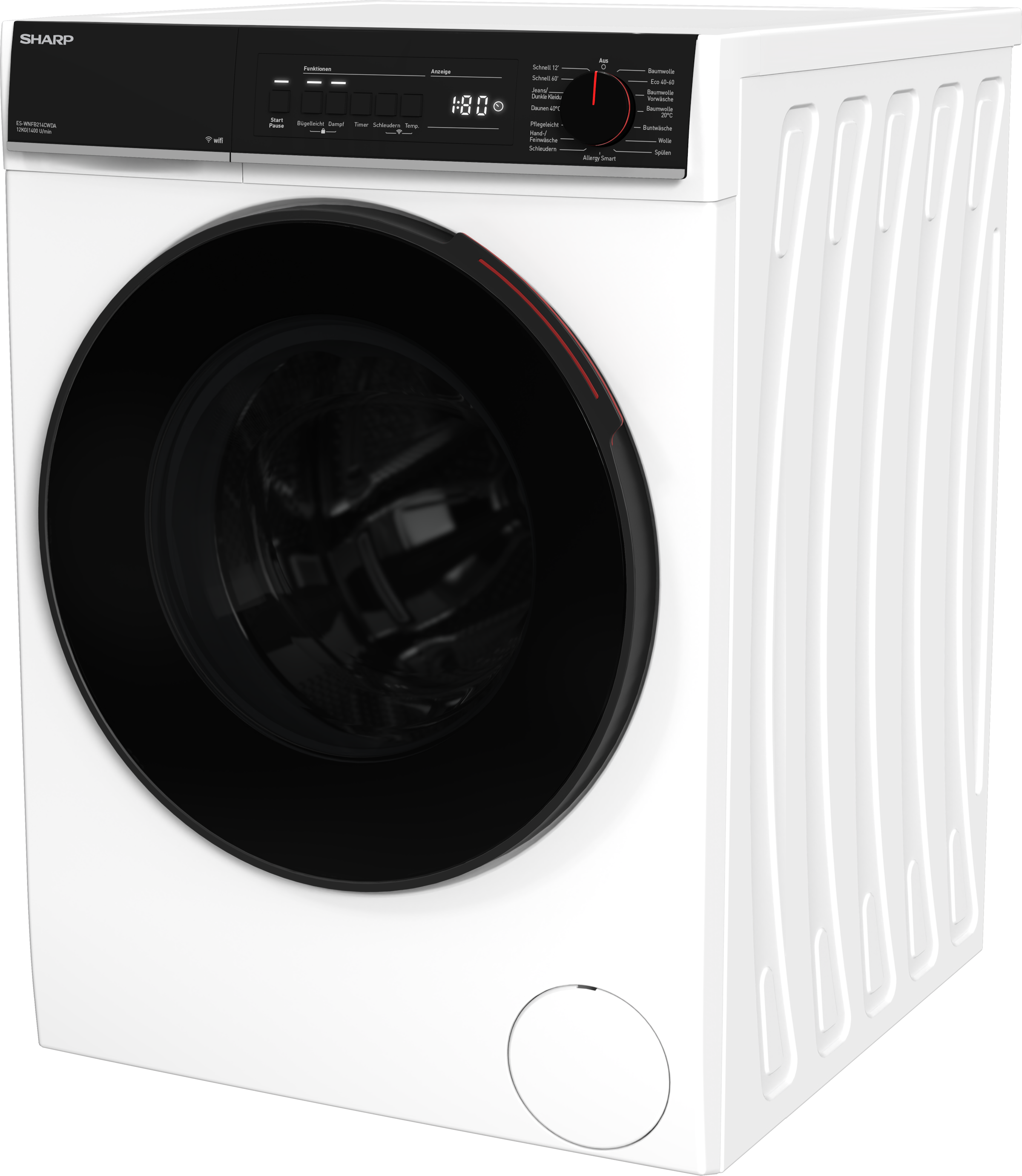 Sharp Waschmaschine Mid Class »ES-WNFB214CWDA-DE«, 12 kg, 1400 U/min, 12kg / +WIFI / A-20% / black Doorring+knob/Steam/White