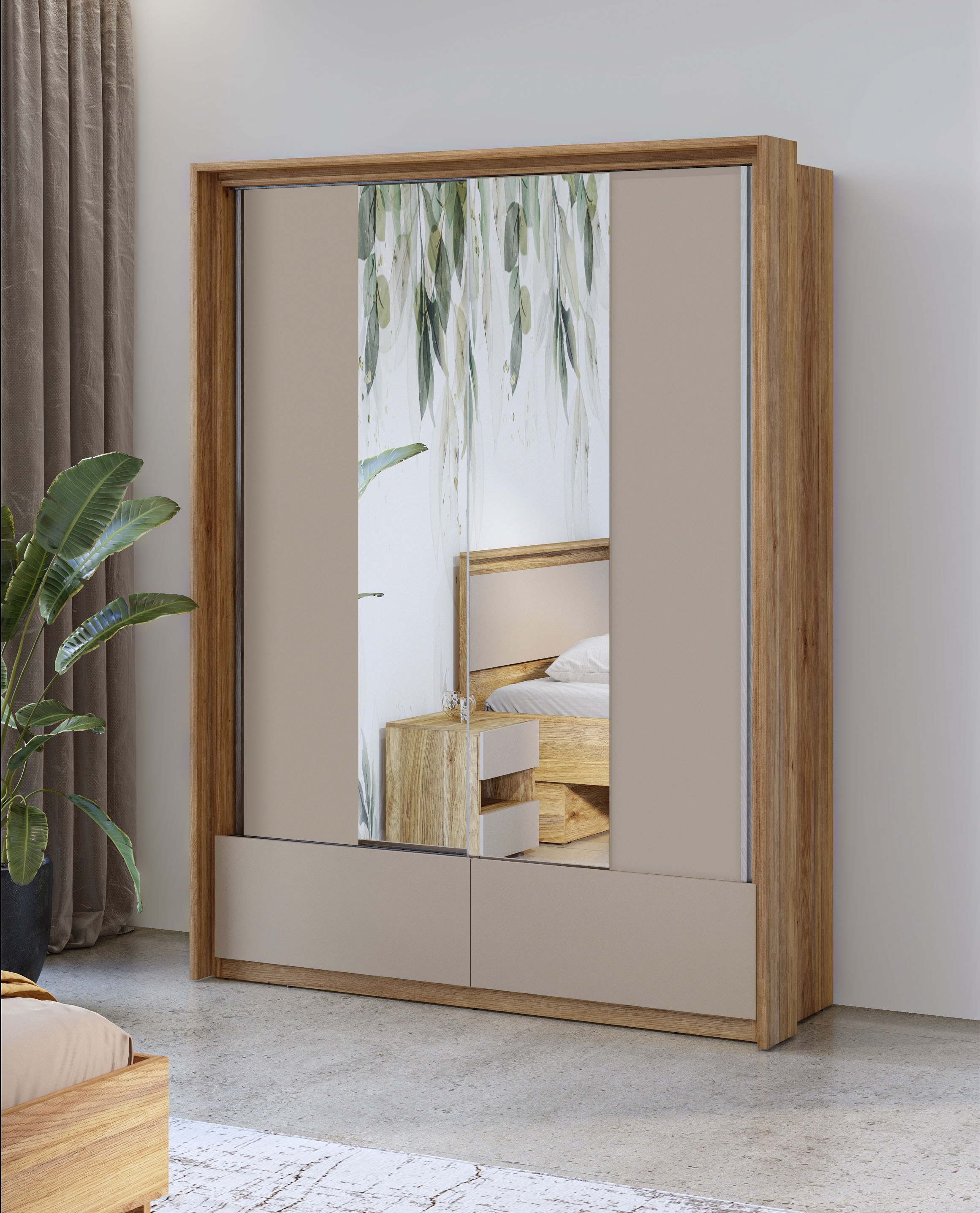 INOSIGN Schwebetürenschrank »Wharton, Breite 159 oder 209 cm, Kleiderschrank incl. Innenausstattung«, Wäscheschrank, 2 Schubkästen, 2 Spiegel, Metallgriffe, Garderobe