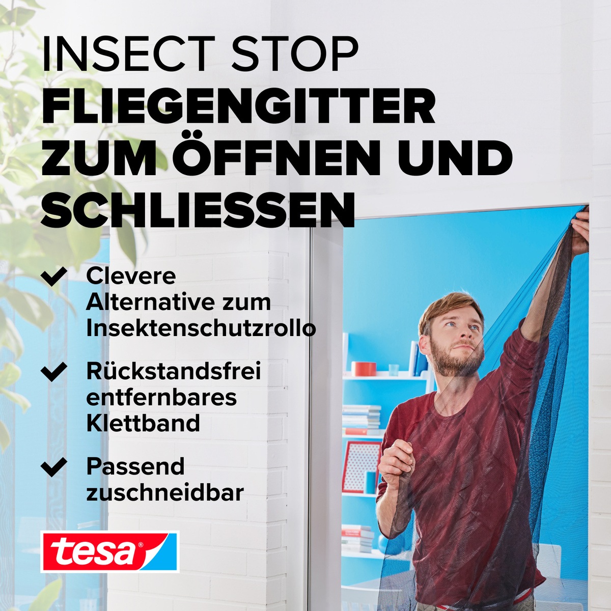 tesa Insektenschutz-Fensterrahmen »Insect Stop Comfort Fliegengitter für Fenster-  Insektenschutz Rollo« Packung, Fliegennetz, Klettband, Andrück und Schneidehilfe, 1 Stk. tlg. Insektenschutz für Fenster - selbstklebend - schwarz - 1,3 m : 1,5 m