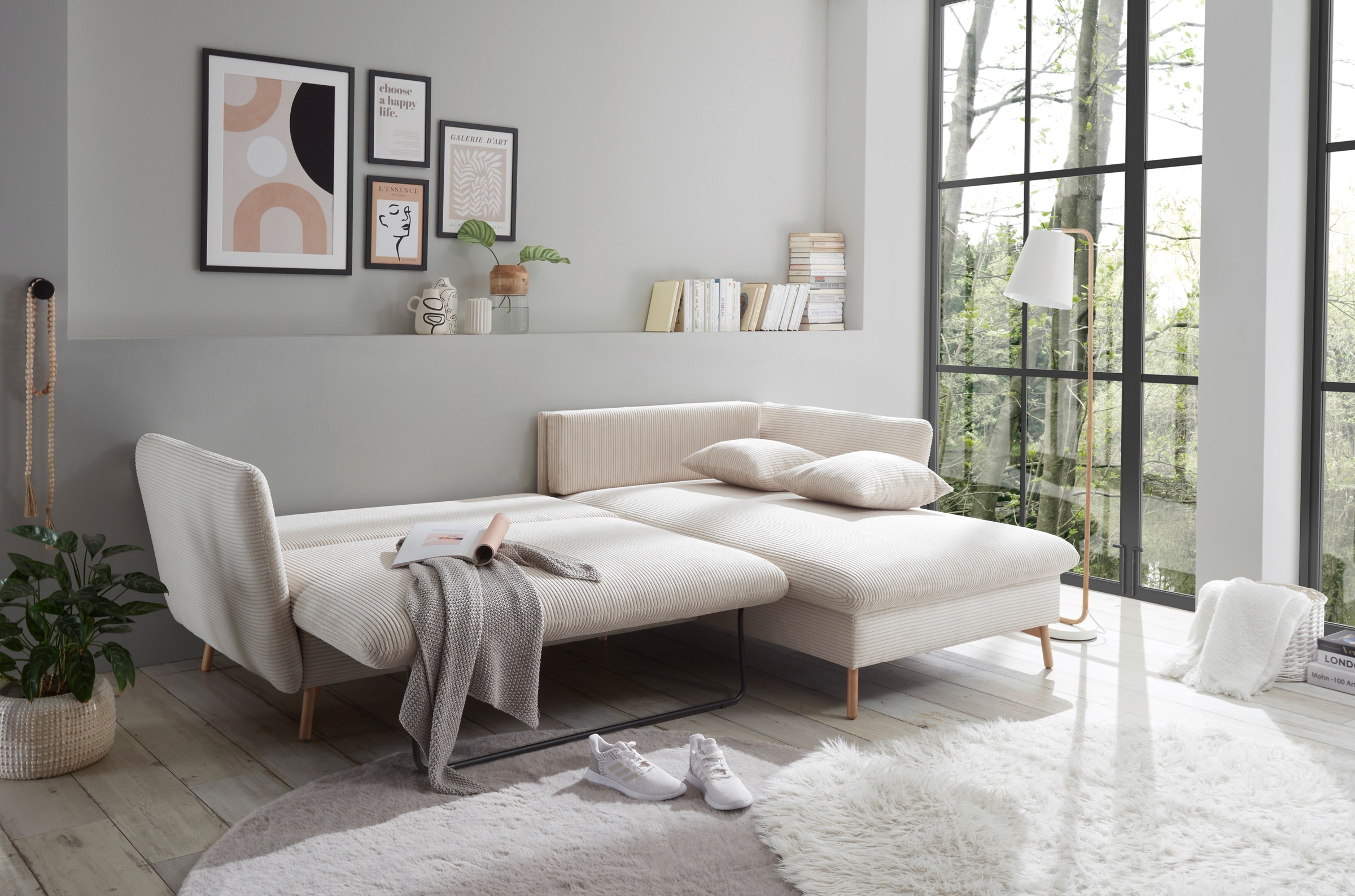 andas Ecksofa »MERLE, 258 cm, L-Form, traumhafter Cord,«, mit Bettfunktion und Bettkasten, Liegefläche 224 x 139