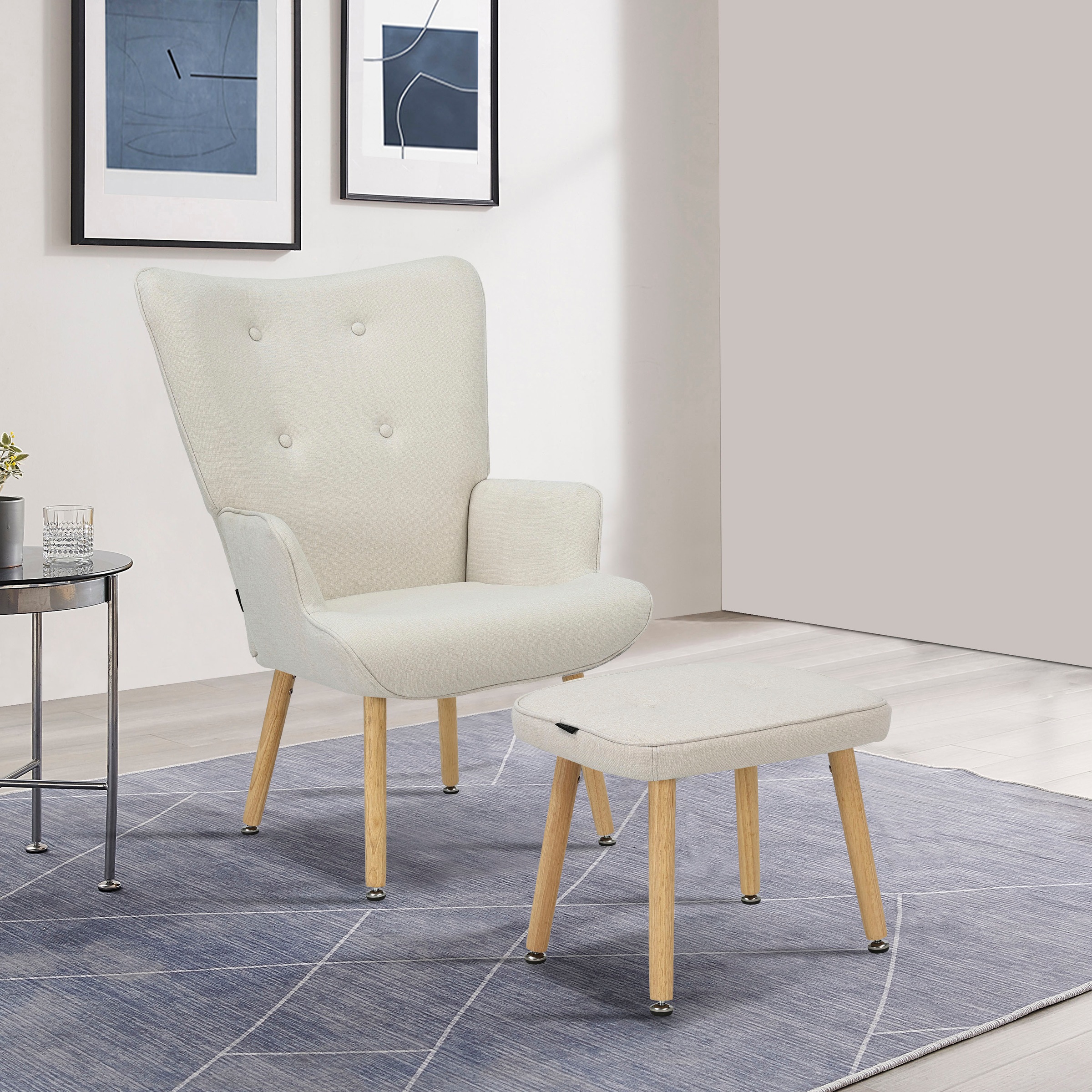 INOSIGN Ohrensessel »PERHAM, Sessel mit Hocker im Set, Knopfheftung, Massiv günstig online kaufen