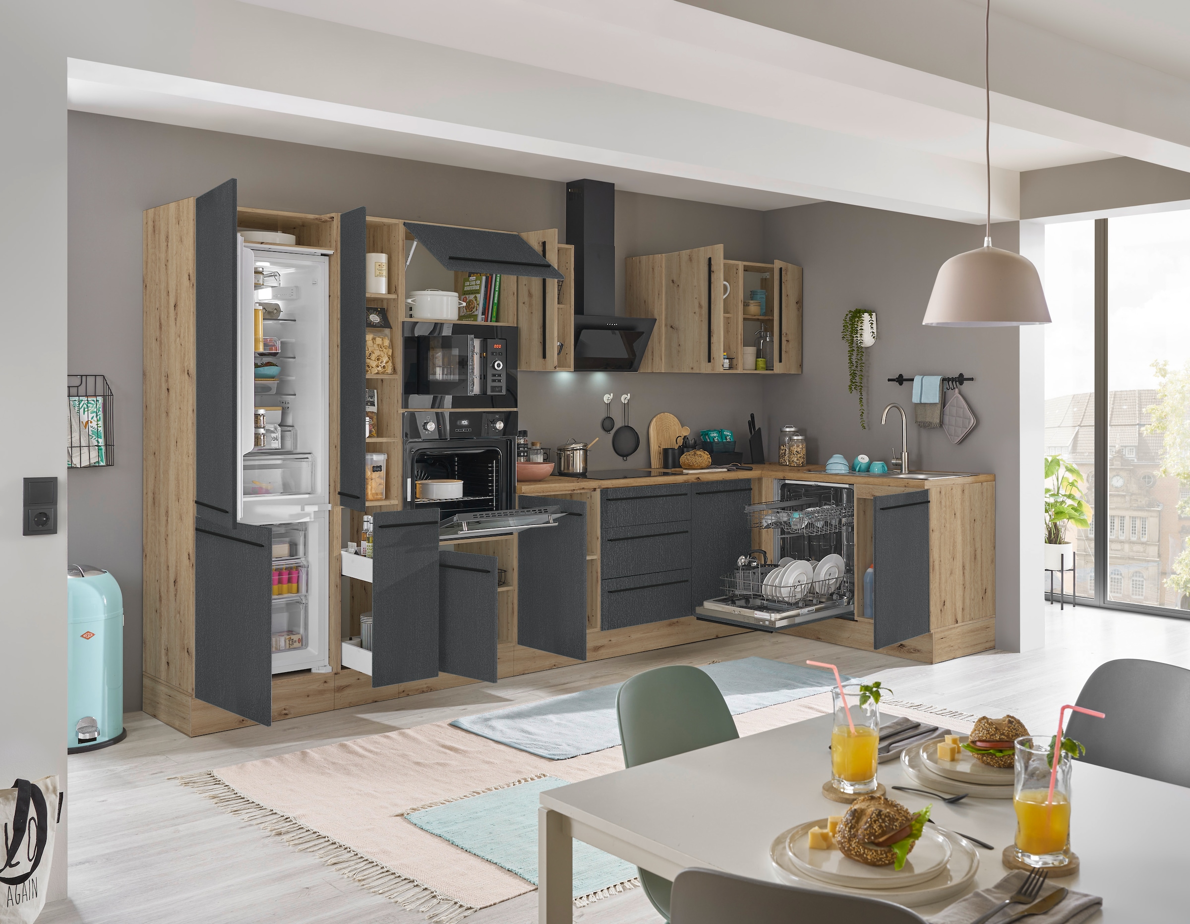 KOCHSTATION Winkelküche »Florida, Stellbreite 370x175 cm«, wahlweise mit E-Geräten, mit Softclose für Türen und Schubkästen