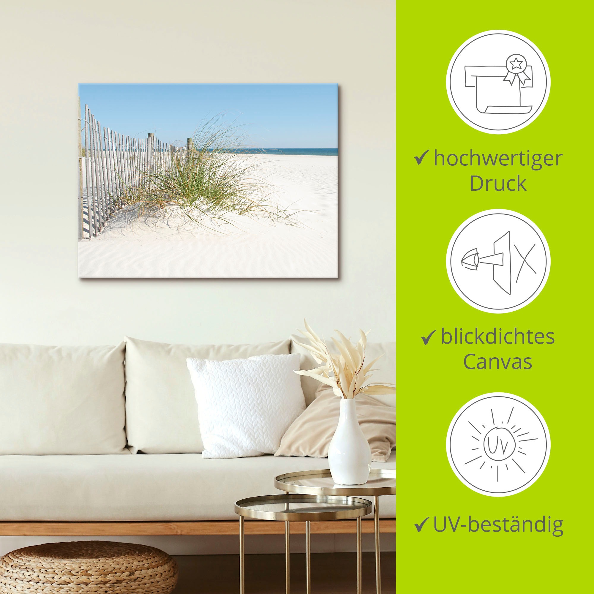 Artland Wandbild »Schöne Sanddüne mit Gräsern und Zaun«, Strand, (1 St.), als Leinwandbild, Poster in verschied. Größen