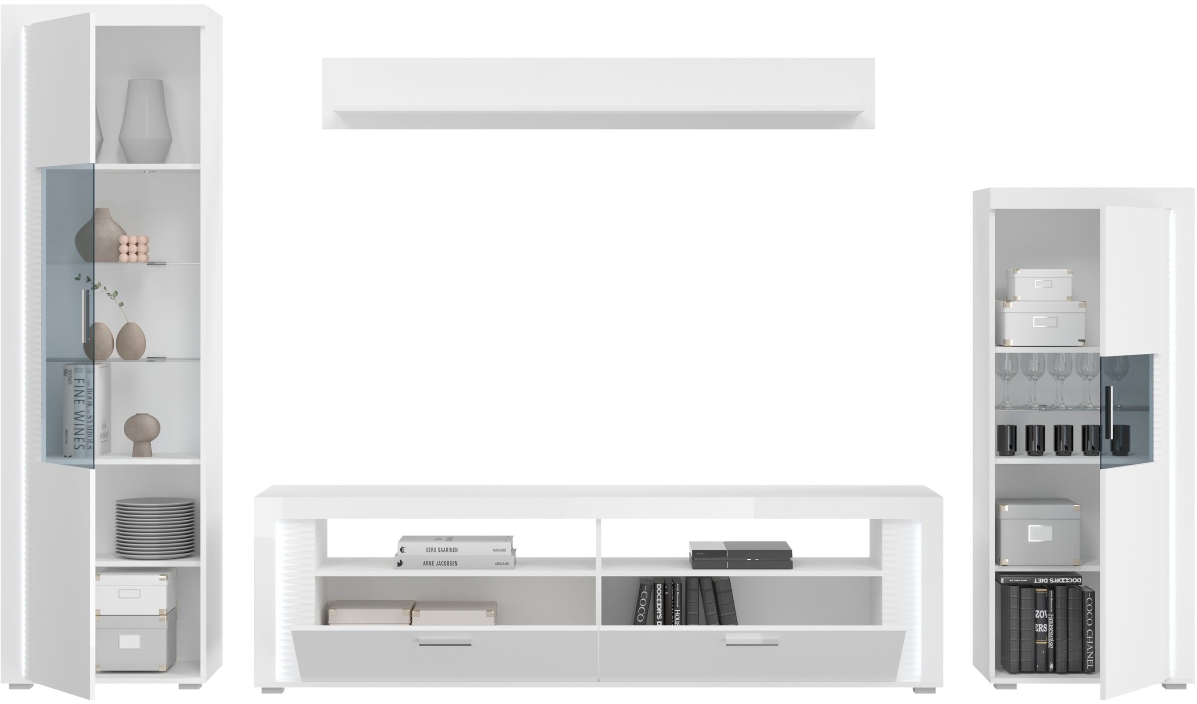 INOSIGN Wohnwand »Viborg, 4-teiliges Set, inkl. vertikaler Frontbeleuchtung, best. aus:«, (4 St.), 1x Vitrine hoch, 1 Lowboard, 1x Wandboard & 1 Vitrine halbhoch