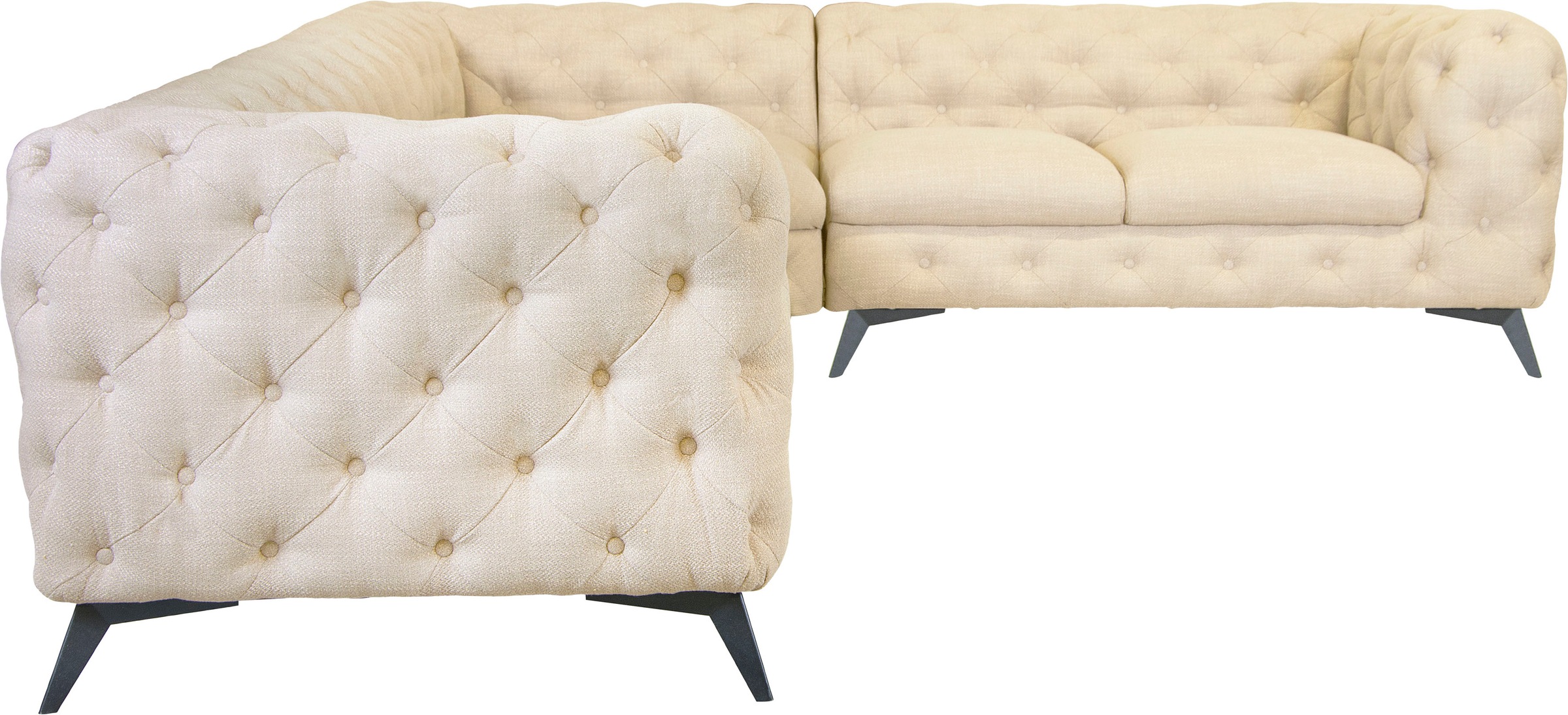 Leonique Chesterfield-Sofa »Ecksofa GLYNIS L-Form mit Wellenunterfederung, Maße B/T/H 323/264/75cm«, aufwändige Knopfheftung, moderne Chesterfield Optik, Fußfarbe wählbar